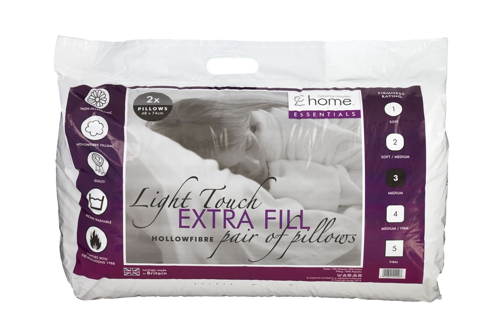 Catherine Lansfield Extra Fill Hollowfibre Pair of Pillows, Multicolor