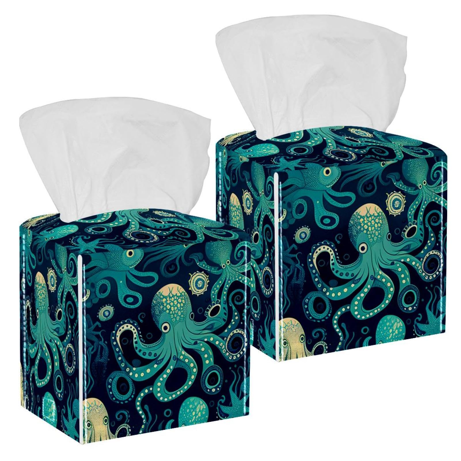 Cartoon Octopus Tissue Box Cover, 2 Pack PU Leather Square Facial Tissue Dispenser Box holder for Home Office Car