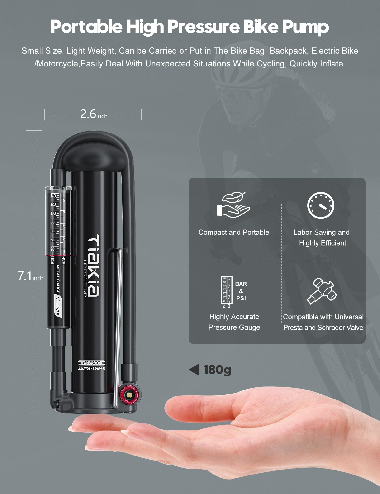 Tiakia Bike Pump with Gauge, High Pressure Bicycle Pump High Volume Portable Hand Air Pump Fit Presta, Schrader Valves Aluminum Bike Tire Pump for Mountain Road Bike, Strollers, Balls