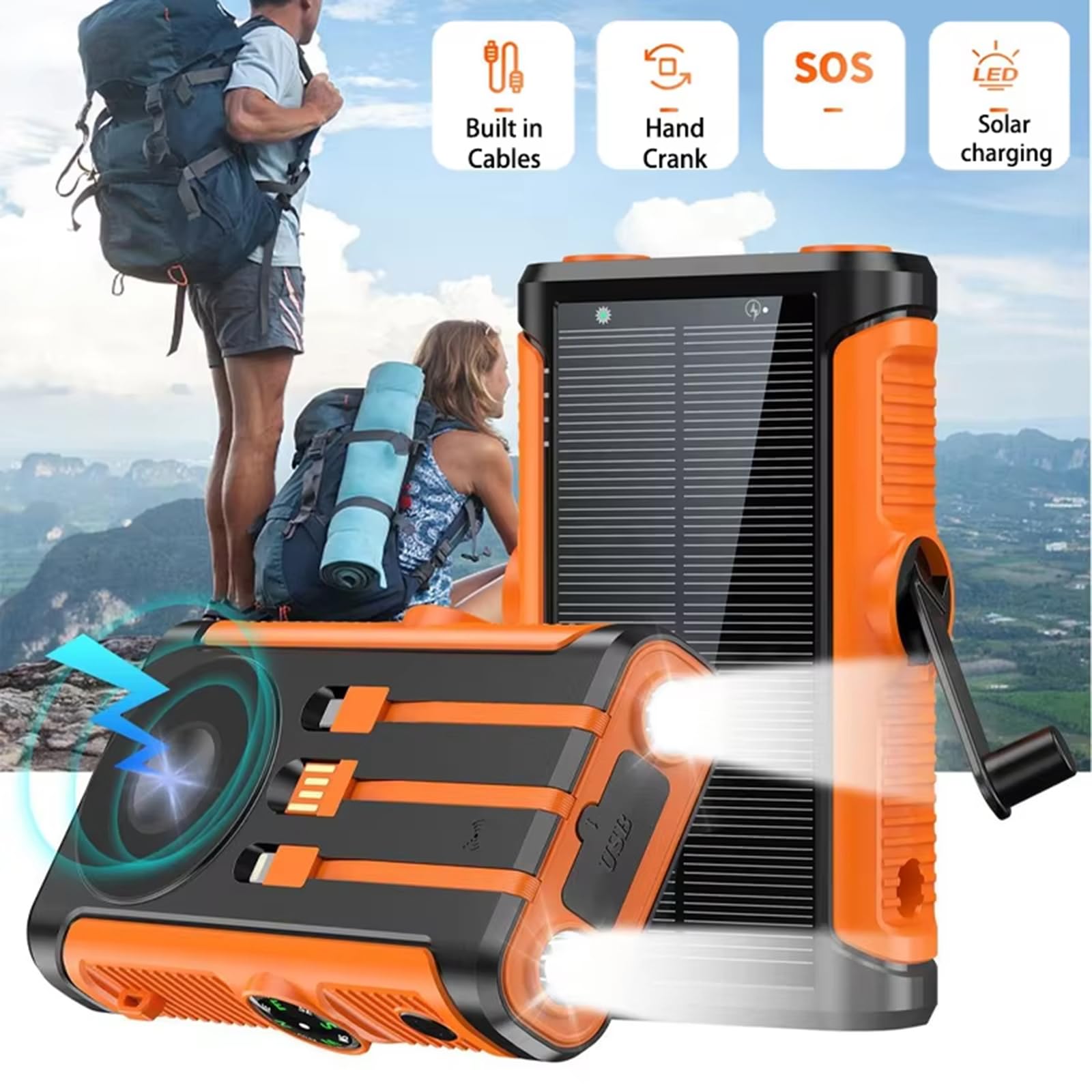 Powerbanks solare da 20000 mAh con manovella e ricarica per batteria di ricarica esterna di viaggio e di emergenza