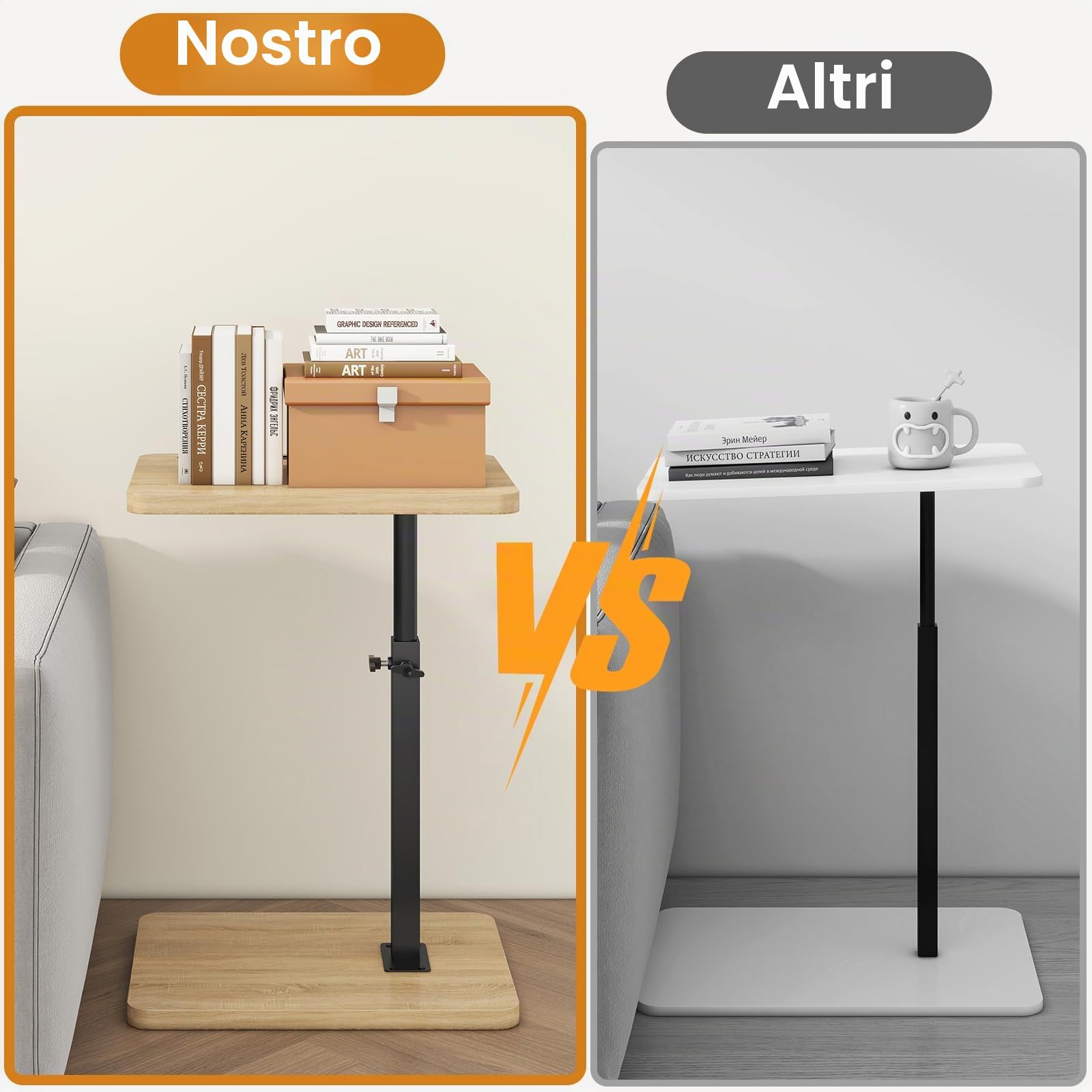 IBUYKE Tavolino a forma di C, girevole a 360° e regolabile in altezza, tavolino da caffè per spazi stretti, con slot per telefono e tablet, per soggiorno, camera da letto, naturale, TVT003R