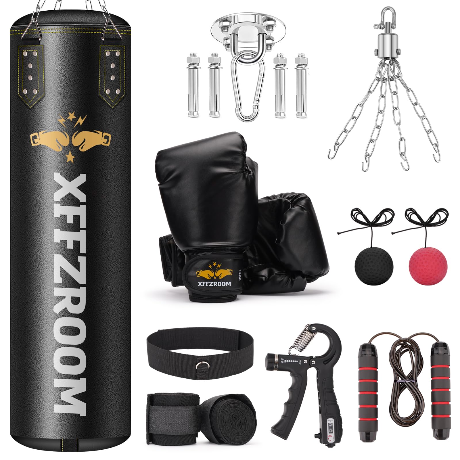 Punching Bag for Adults, 4ft PU Leather 6 in 1 Heavy Boxing Bag Set, Punching Bag with 12oz Boxing Gloves, Hand Wraps, Hanging Bag for MMA Karate Kickboxing Muay Thai Boxing Home - Unfilled