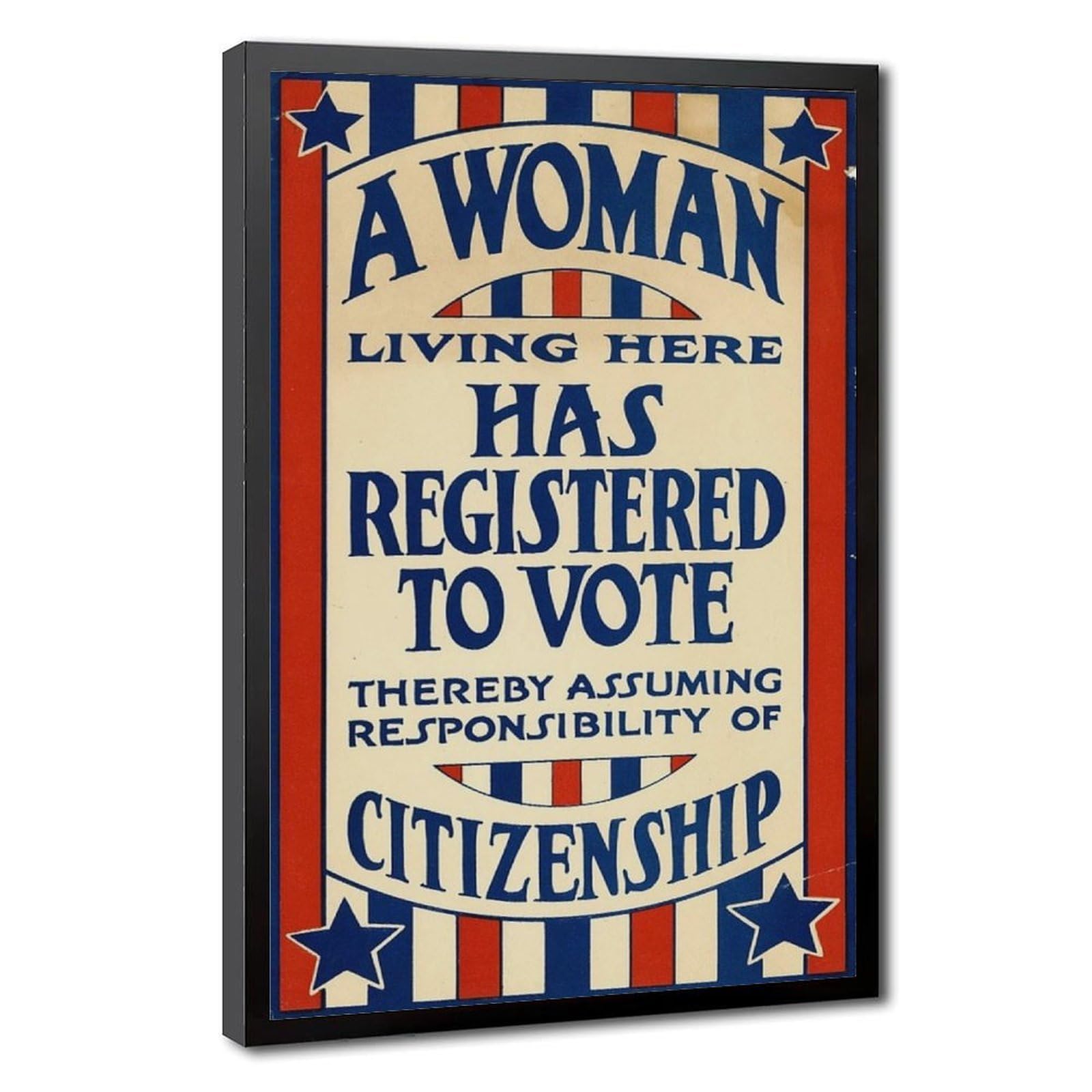 WCYB Cartel decorativo de pared con texto en inglés "A Woman Living Here Has Registered to Vote" (Una mujer viviendo aquí ha registrado para votar) - Letrero de votación de mujer con derecho a votar