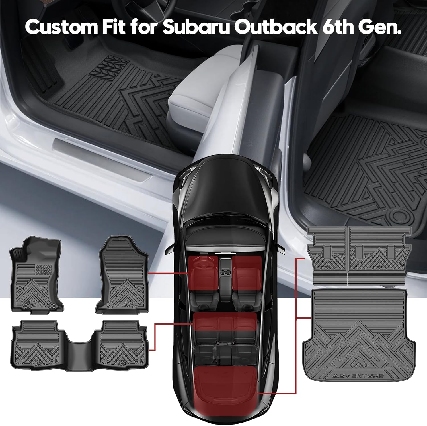 T TGBROS for Subaru Outback Floor Mats 2020-2025 All Weather Floor Liners Cargo Liner Back Seat Protector for Outback Accessories Full Set Car Mats Set Non-Slip TPE Black 6PCS - Image 2