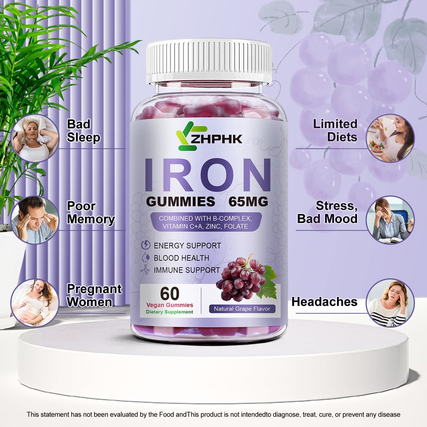 Vegan Iron Supplement 65mg, Iron Gummies for Women and Men with Vitamin C 250mg, Vitamin A, B-Complex, Biotin, Zinc & Folate, Folate for Energy Boost, Immune Health, 120 Count - Image 6