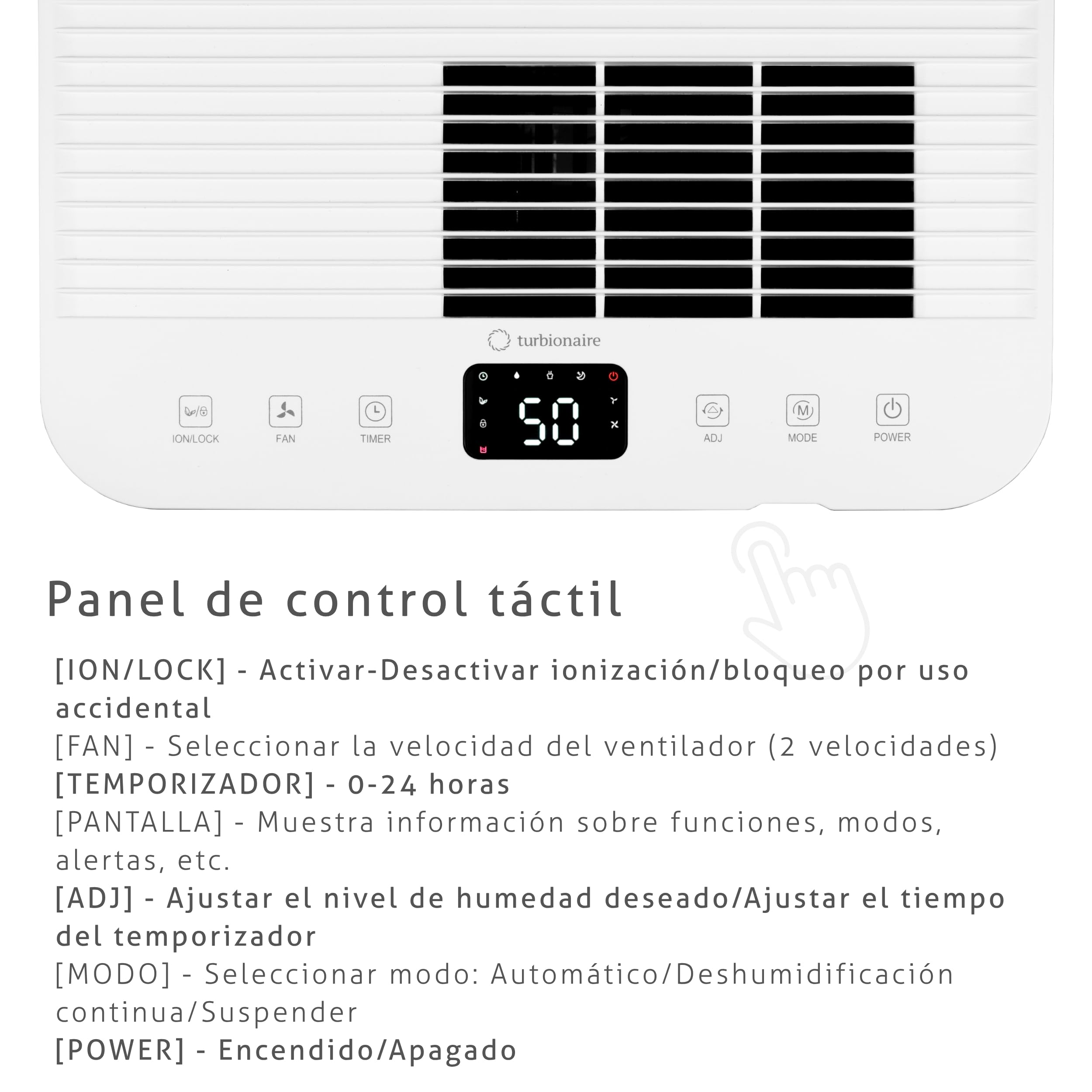 Deshumidificador y Purificador Turbionaire LEVI 20 ION Clean, 20 l/24h, Ionización, Filtro HEPA, Secado de Ropa, Silencioso 41 dB, Depósito 4.5L, Bajo Consumo, Timer, Auto-Restart