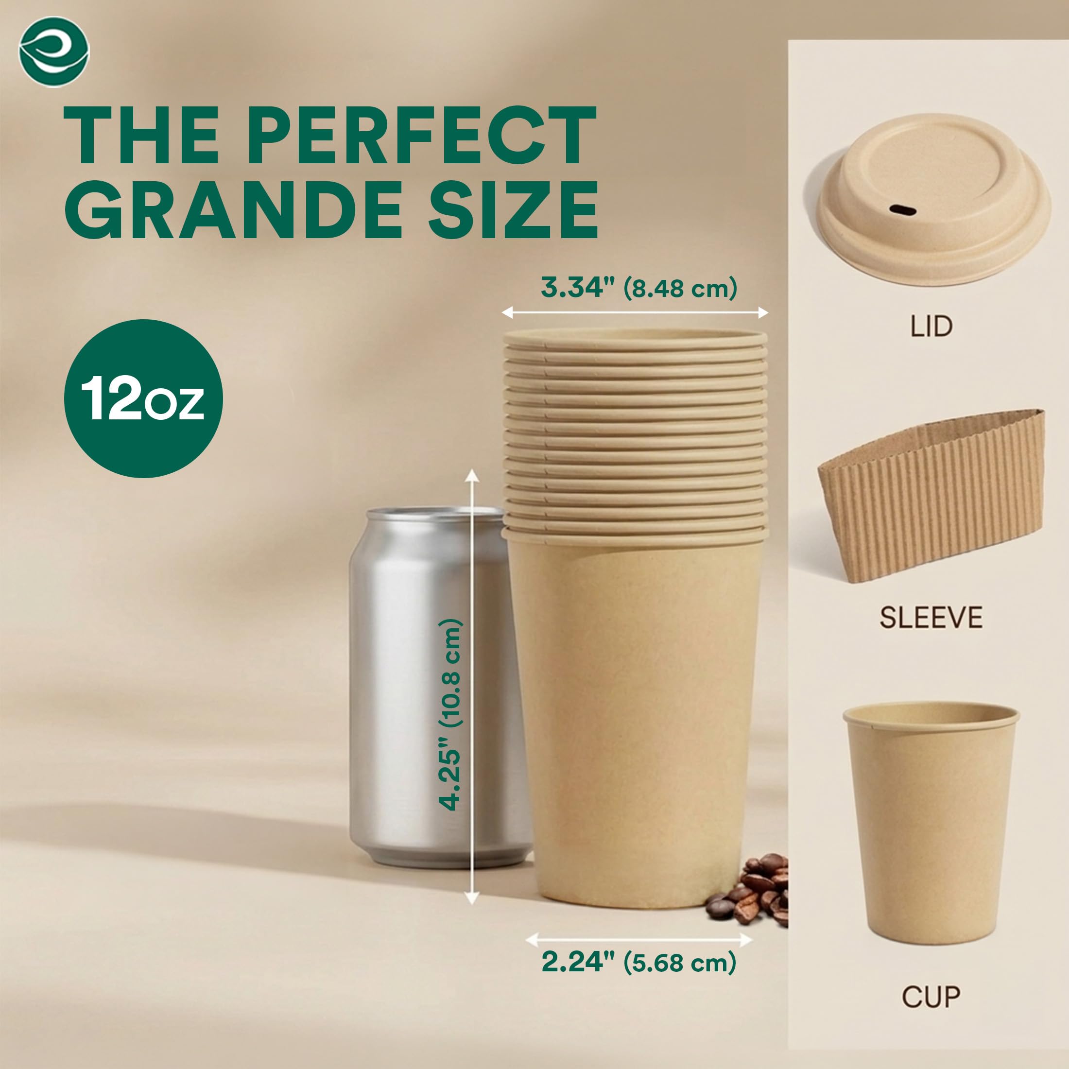 ECO SOUL Lot de 50 tasses à café jetables 100 % compostables avec couvercles et manchons – 355 ml – Tasses jetables en bagasse | Tasses robustes et respectueuses de l'environnement pour cafés, fêtes,
