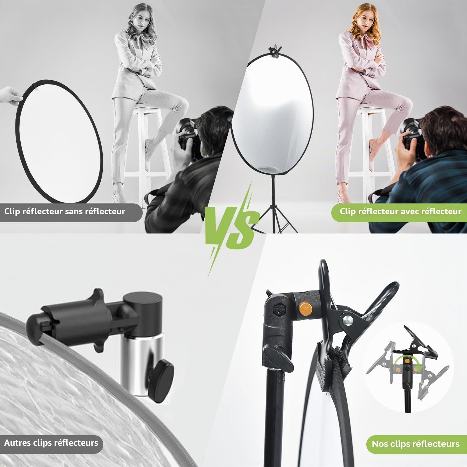 OTraki Lot de 2 Pince Réflecteur Réglable à 180° Pince Métallique Puissante pour Studio Photo avec Adaptateurs à Vis de 1/4'' à 3/8'', Support de Réflecteur Photographie pour Fond et Pied d'éclairage