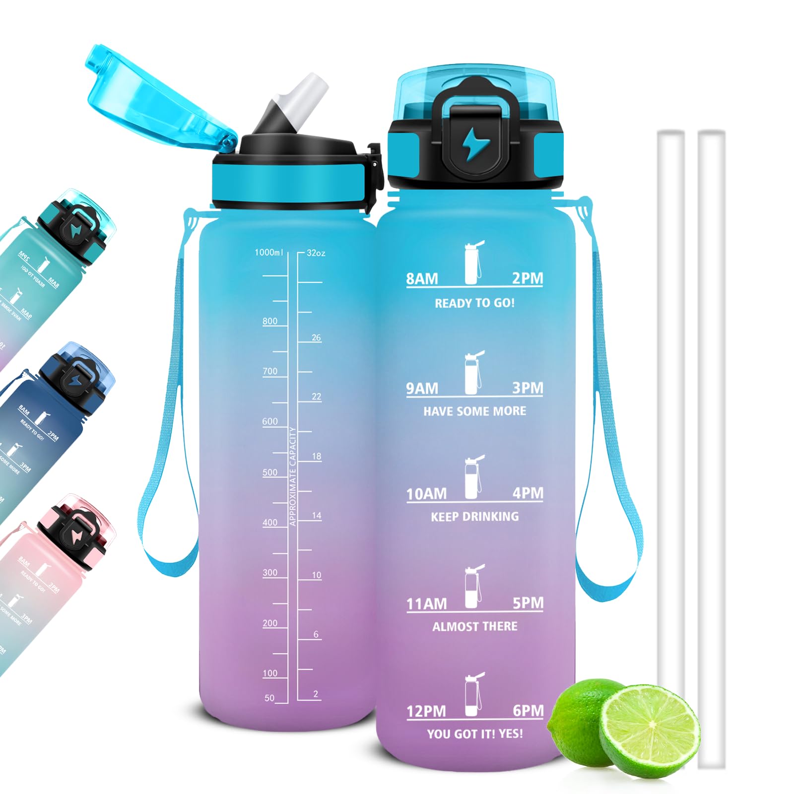 Mujigaga 1 Litre Water Bottle, Gym Water Bottle with Straw and Drinking Times, Motivational Sports Bottle, Leak Proof Water Bottles for Gym, School, Yoga