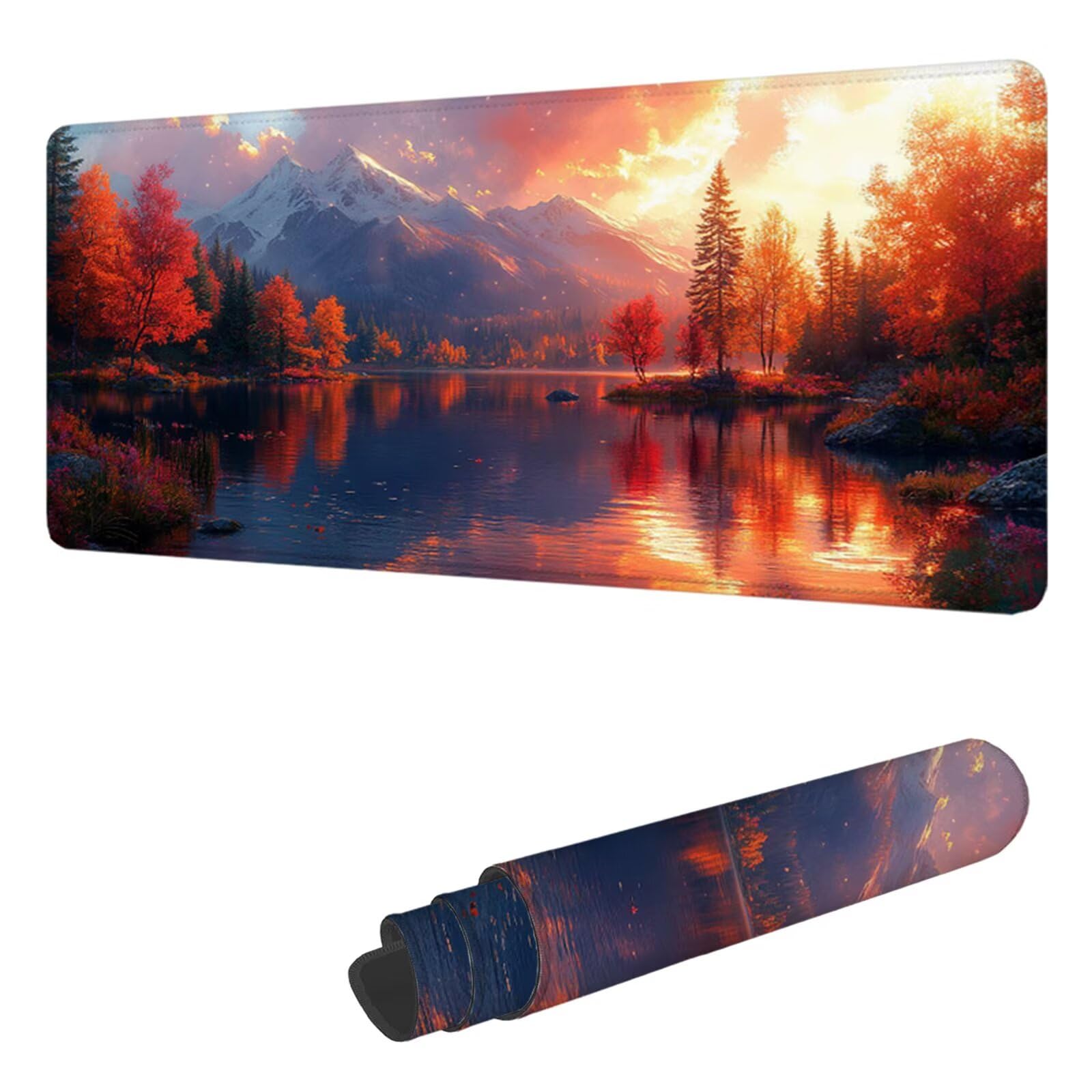 Podkładka pod mysz nad jeziorem XXL 1200x600 mm, podkładka pod biurko z przeszytymi krawędziami, podkładka pod mysz jesienną z wodoodporną i antypoślizgową gumą, do biura i domu, prezenty dla mężczyzn