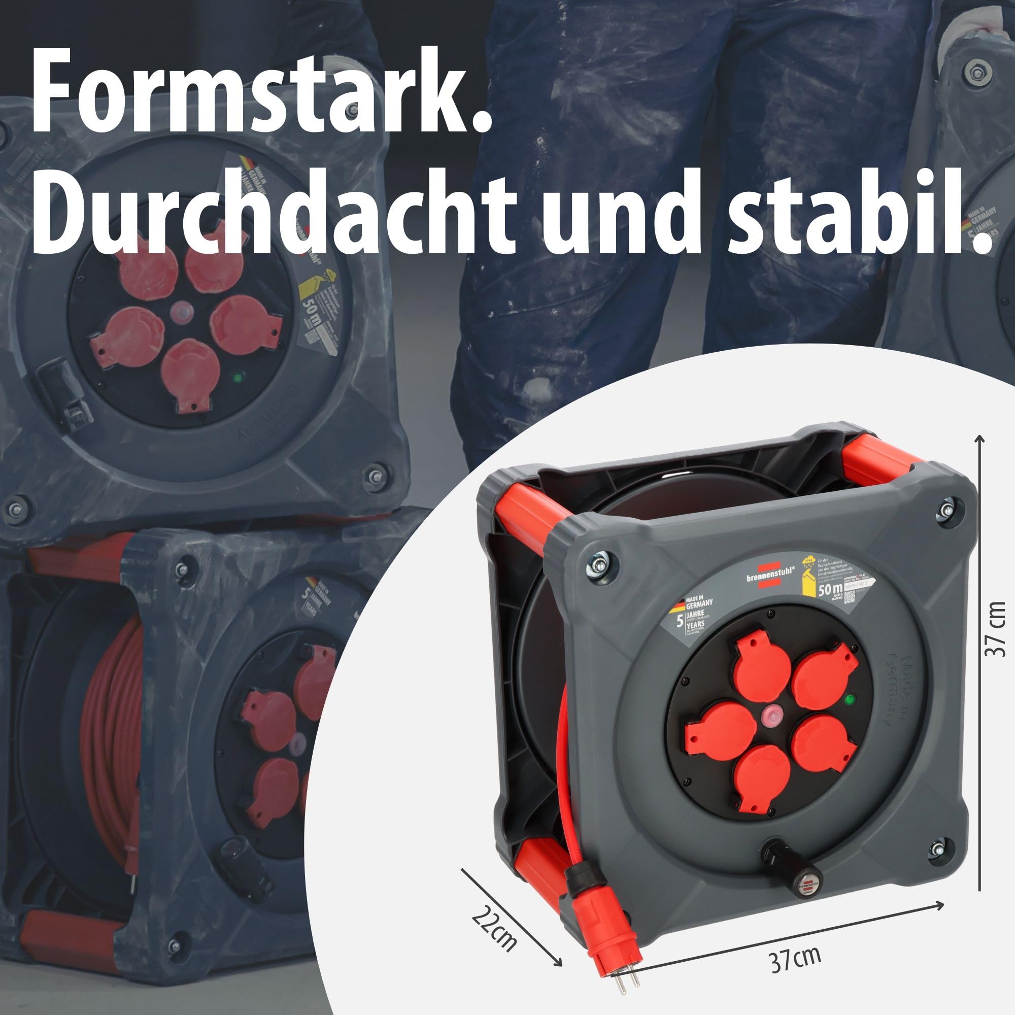 Brennenstuhl Professional KA 5110 5 IP44 avvolgicavo da cantiere (cavo BQ da 50 m in rosso, 5 prese di sicurezza, uso in cantiere e uso esterno permanente, Made in Germany)