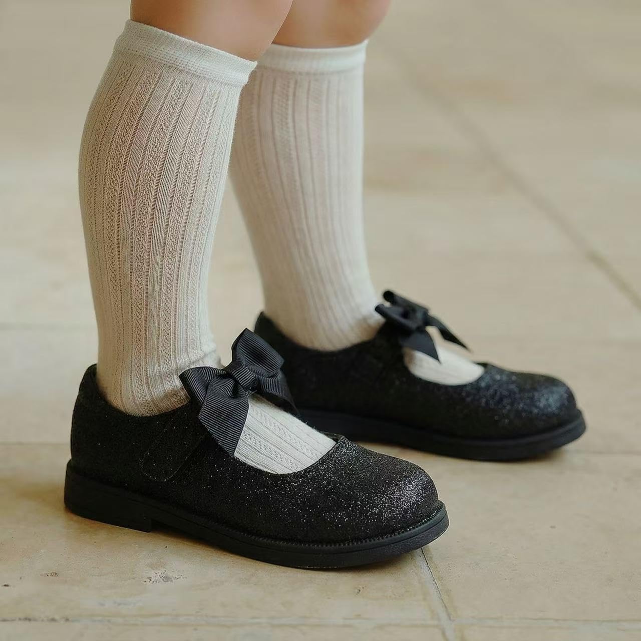 Girls Black Glitter Mary Jane Shoes with Bow - Toddler/Little Kid Dress Shoes for School Uniform & Parties Comfortable Flat Mary Janes for Weddings, Daily Wear - Sparkly School Shoes for Girls