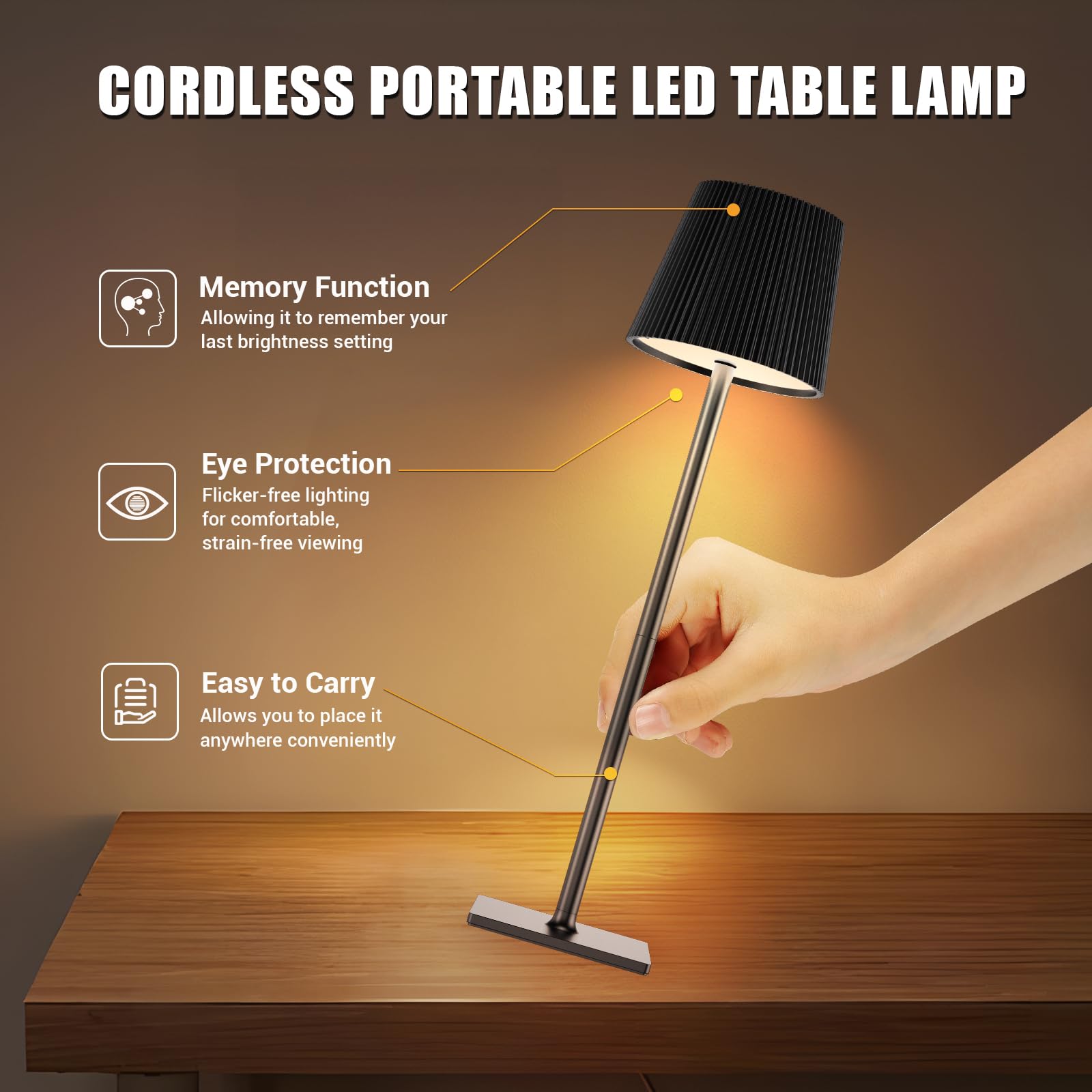 Lampara de Mesa LED Inalámbrica Lámpara de Mesa bateria Recargable con Tapón de Vino y USB-C, Lamparas Mesita Regulable para Restaurante, Dormitorio, Camping, Salon, Negro
