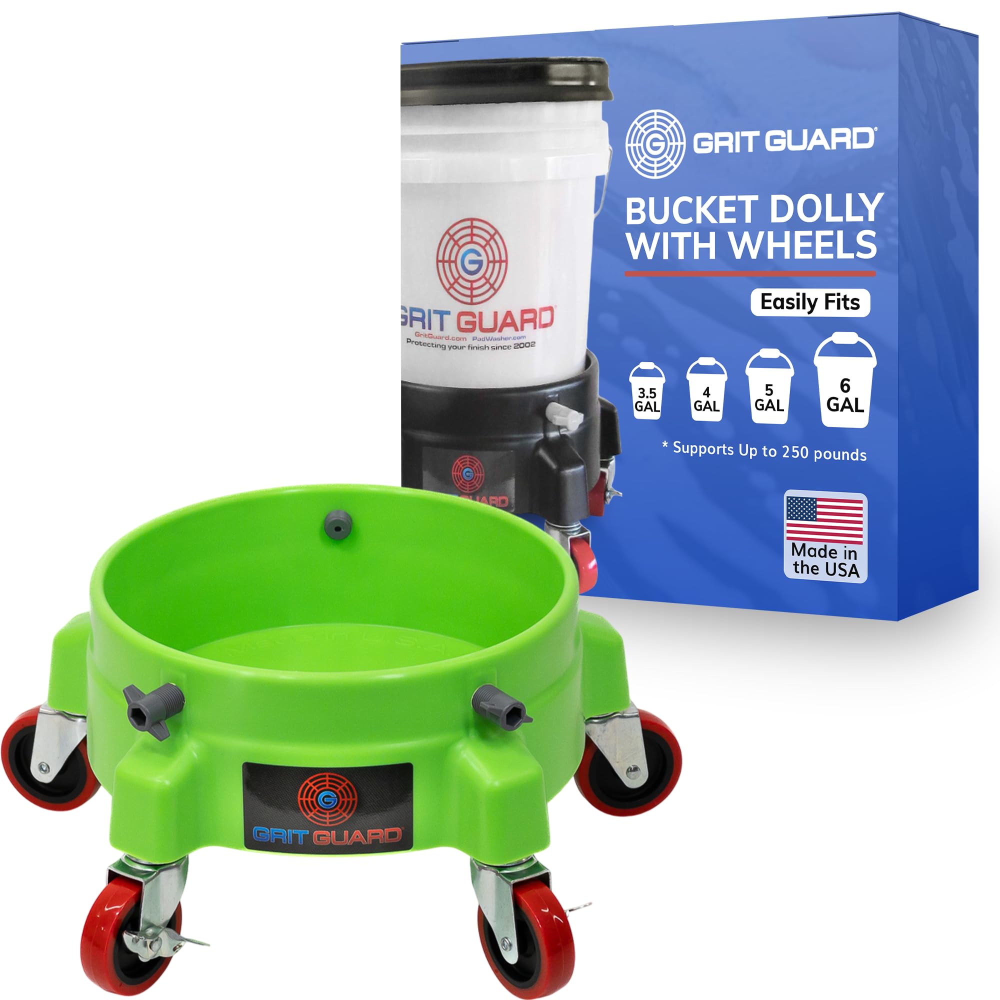 GRIT GUARD Bucket Dolly with Wheels - Rolling Detailing Wash Bucket with 5 Wheels and 2 Locking Casters Compatible with 2.5, 4, 5 and 6 Gallon Buckets (Green, 3" Red Casters)