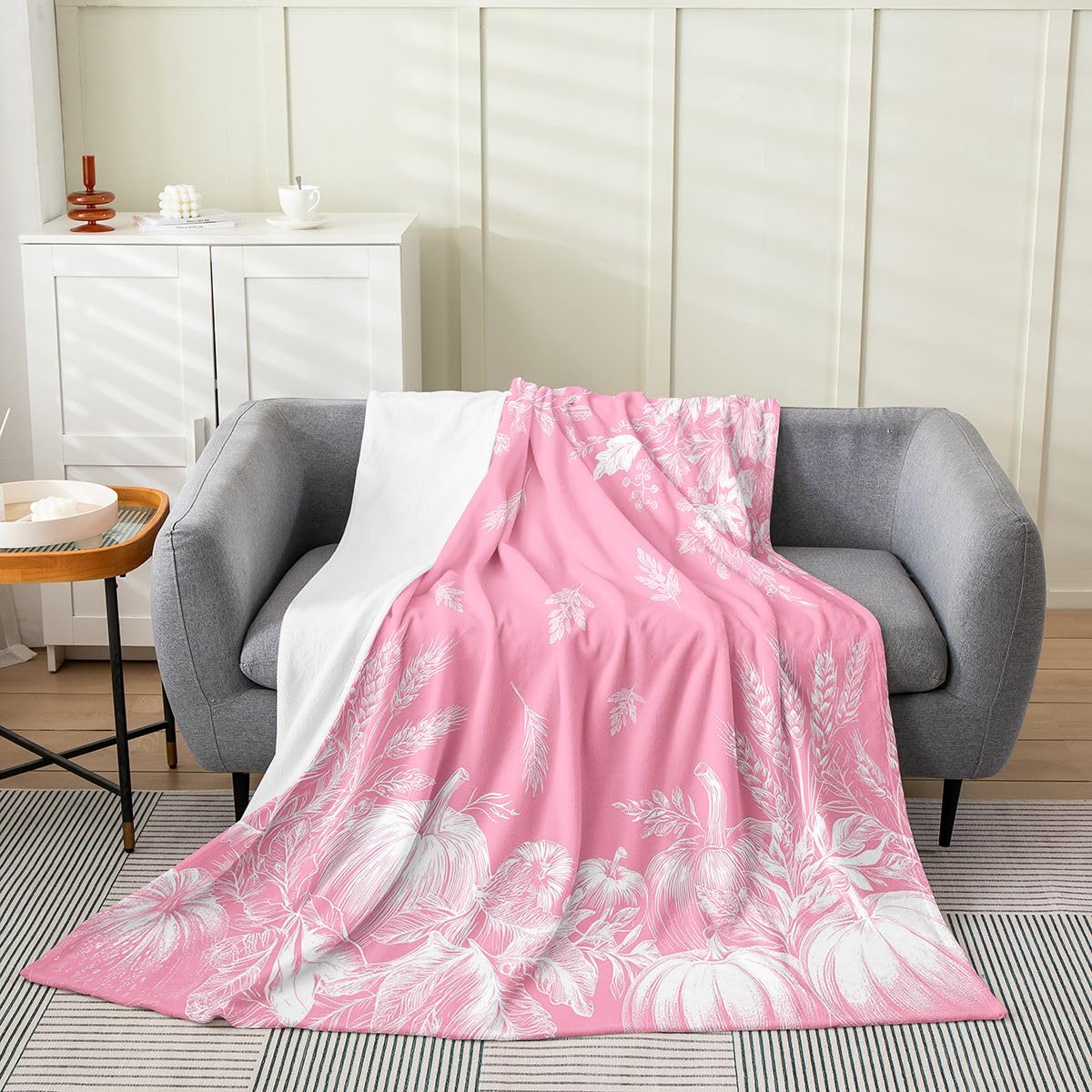 jejeloiu Fall Pumpkin Plush Throw Blanket Rustic Flannel Blanket Throw 50"x60" Farmhouse Autumn Maple Leaves All Season Vintage Country for Couch Bed Sofa Dark Pink Bedroom Decor