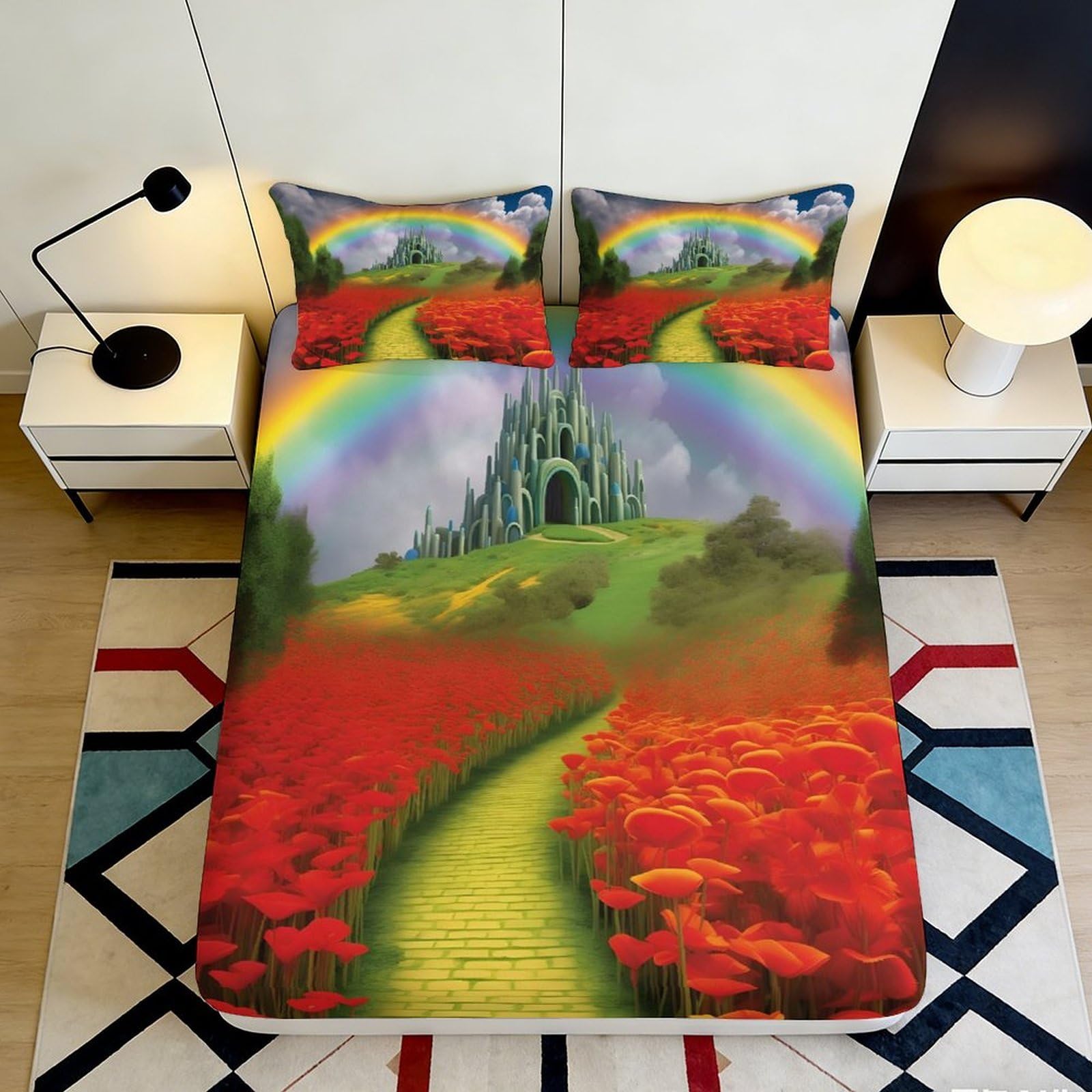 3D Printed Emerald Castle Fitted Sheet Microfiber Poppy Meadow Bed Cover for Bedroom Dorm Mattress Protection Decor 90x200x25cm