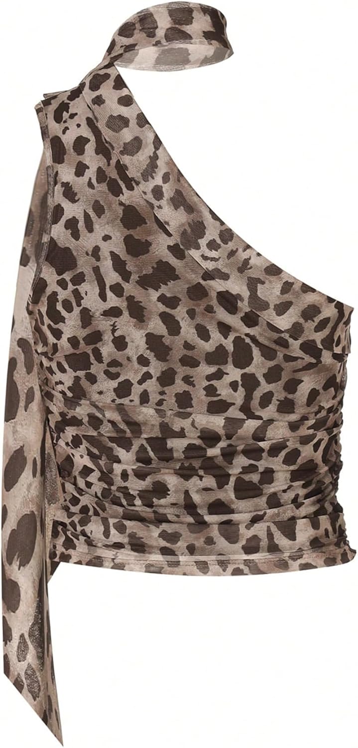 QJQ Women's Leopard Print Halter Crop Tops Cheetah Sleeveless Going Out Tops Y2k Sexy Slim Fit Shirt with Scarf