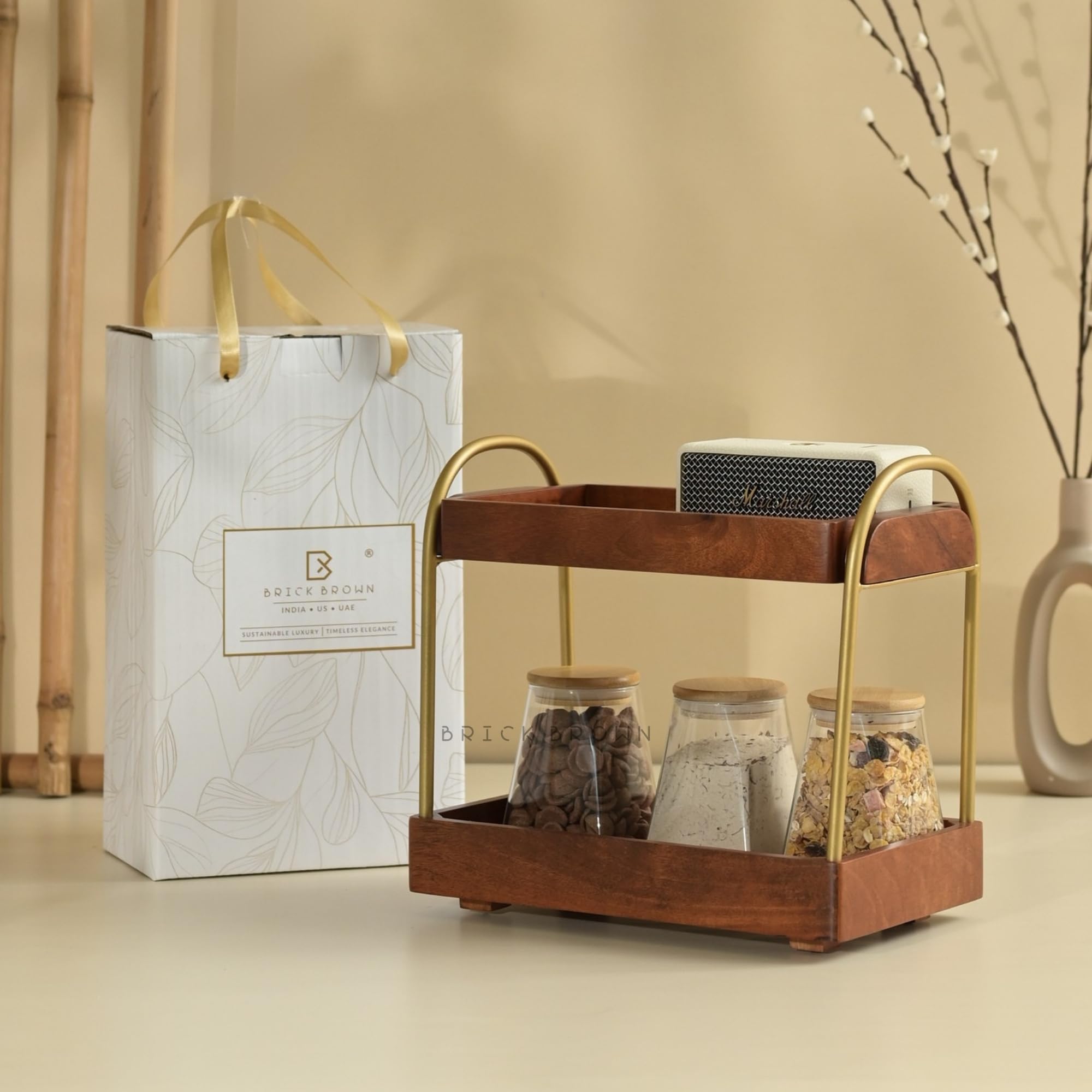 Brick Brown ® Premium CasaDuo wielofunkcyjny organizer do przechowywania kosmetyków, uchwyt ekspozycyjny, komoda łazienkowa, organizer kuchenny z mahoniowym wykończeniem (samodzielny montaż)