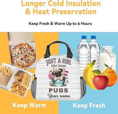 Miniatura 6 de Lonchera personalizada de carlino para niños, lonchera aislada para niñas y niños, lindas bolsas de almuerzo blancas reutilizables, pequeña con
