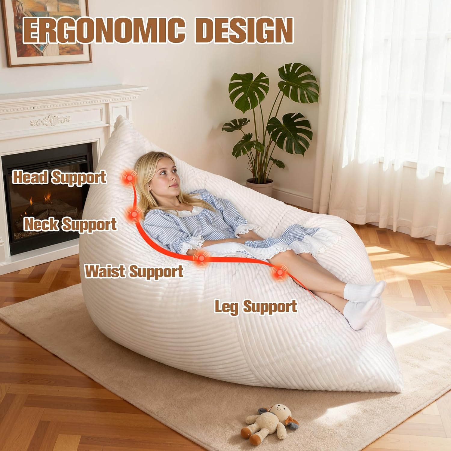 NALONE Pouf Poltrona Sacco, 4-in-1 XXXL Pouf a Sacco Puffo per Sedersi Ergonomico in Memory Foam 195 cm, Letto da Pavimento con Rivestimento Peluche Lavabile (Grigio)
