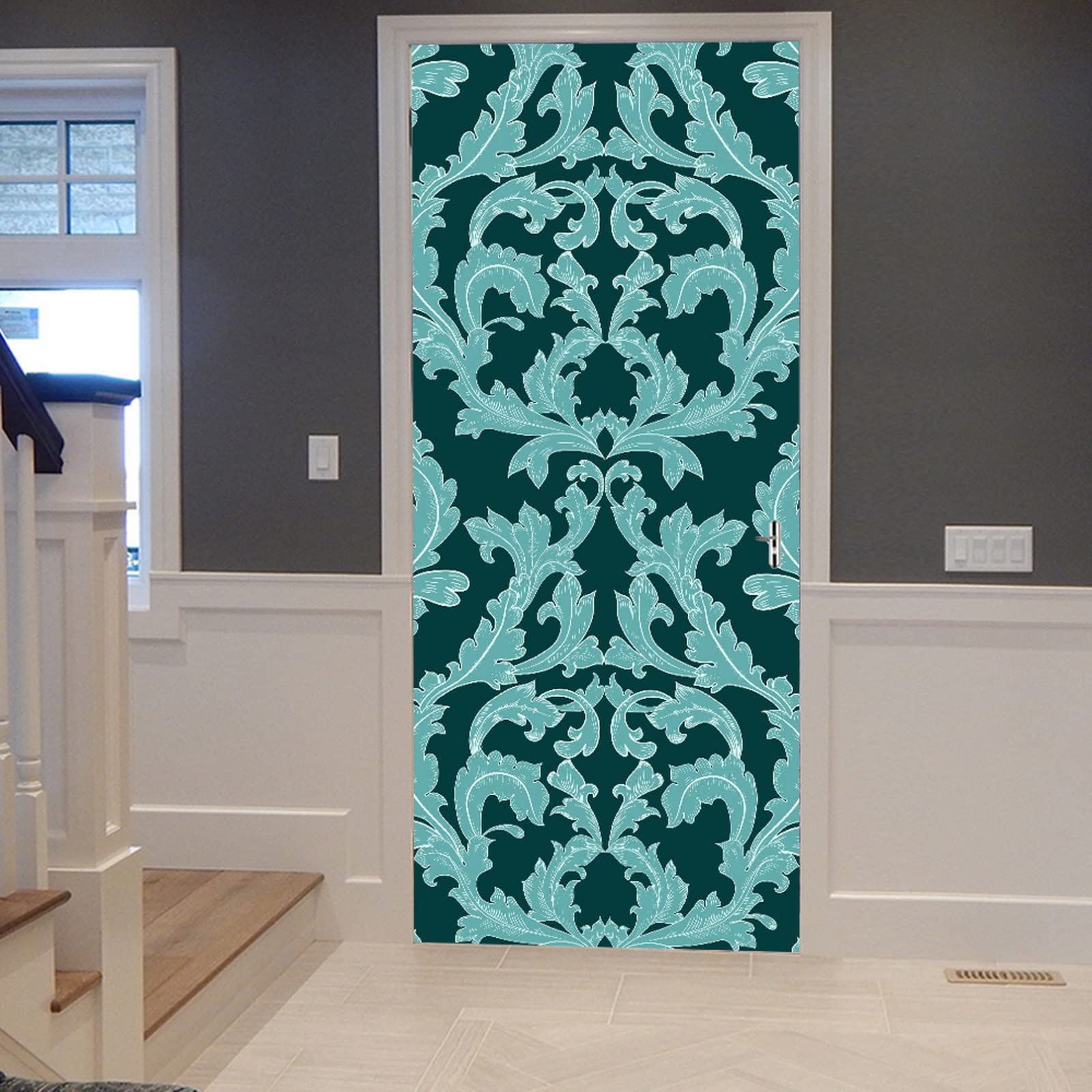 A.Monamour 3D Door Stickers for Interior Doors Vintage Damask Fabric Pattern Floral Blue Background Vinyl Removable Self Adhesive Door Poster Wallpaper Mural Decals for Bedroom Office 90x200cm