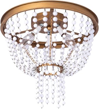 VILUXY Contemporary Beaded Flush Mount Ceiling Light Rustic Mini Chandelier Antique Brass Hand Crafted Paint Finish for Bedroom, Nursery Room, Living Room, Office, Girl Room 3-Light