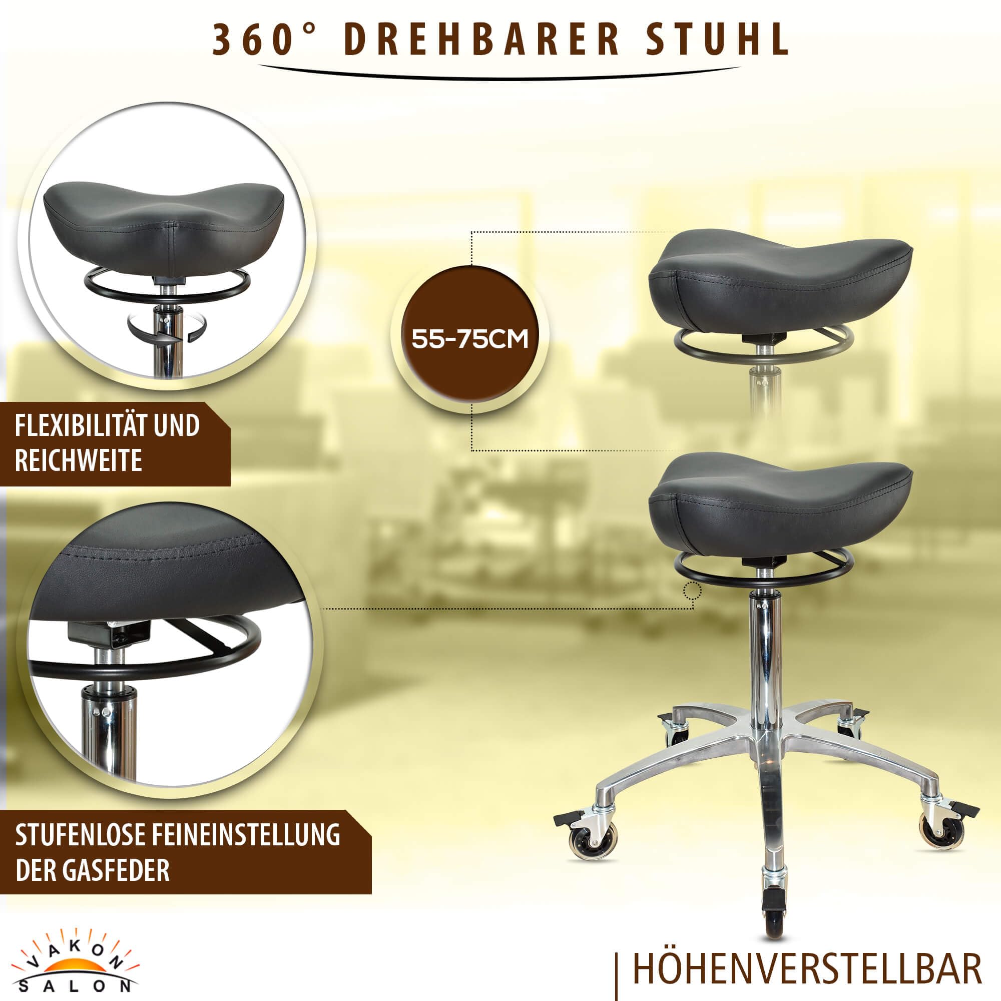 Sattelhocker Rollhocker – ergonomischer Arbeitshocker mit Butterfly Sitz – höhenverstellbar 55–75 cm – Friseurhocker Kosmetikhocker Praxishocker – Premiumrollen mit Bremse