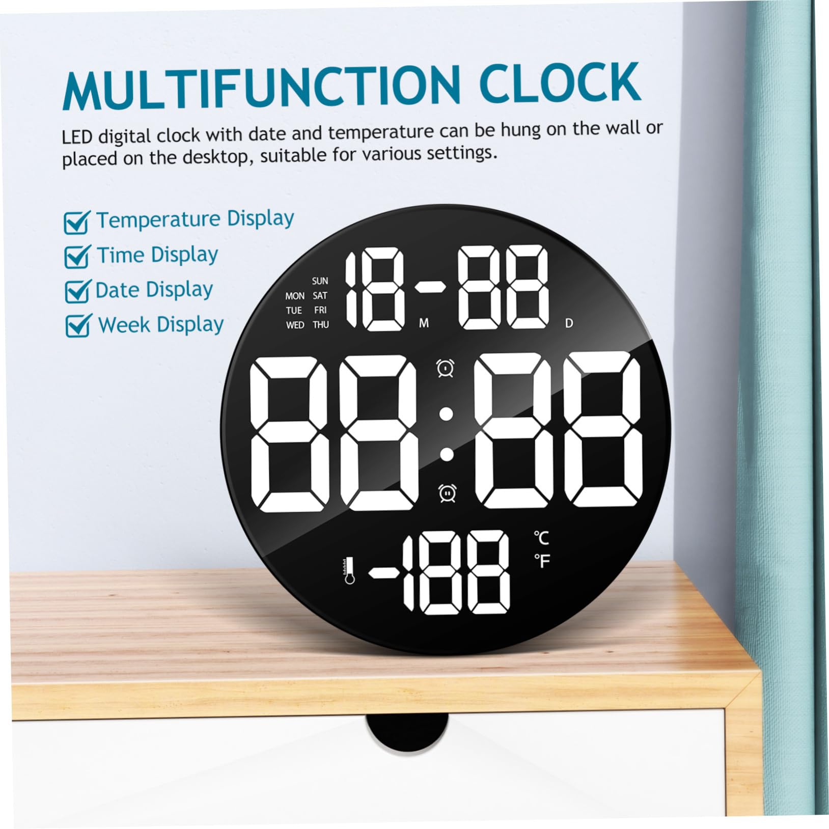 Gatuida Digitale Led Wanduhr Rund Mit Fernbedienung Großes Display Datum Temperatur Anzeige Abnehmbarer Ständer Batteriebetrieben Für Wohnzimmer Schlafzimmer