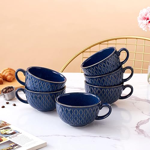 Miniatura 2 de Coffeezone Juego de 6 Tazas Diseño Vintage 355 ml Tazas de Café Artísticas de Cerámica para Barista Profesional Set de Tazas de Capuchino (Azul