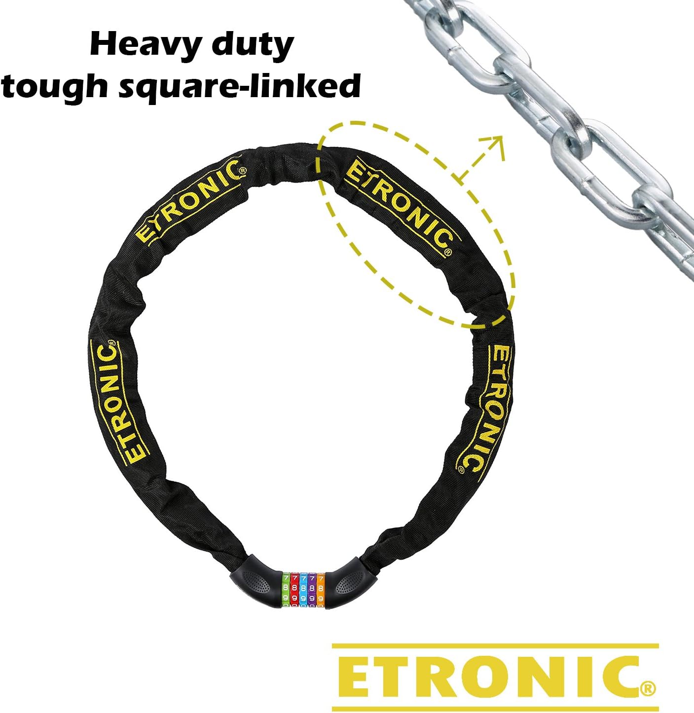 Etronic Bike Lock M10, Chain Cable Lock Tuff Links 4 Feet Long Security 5-Digit Resettable Combo Combination Lock Bicycle Lock Hardened Steel Tough Square Links Chain Lock : Sports & Outdoors