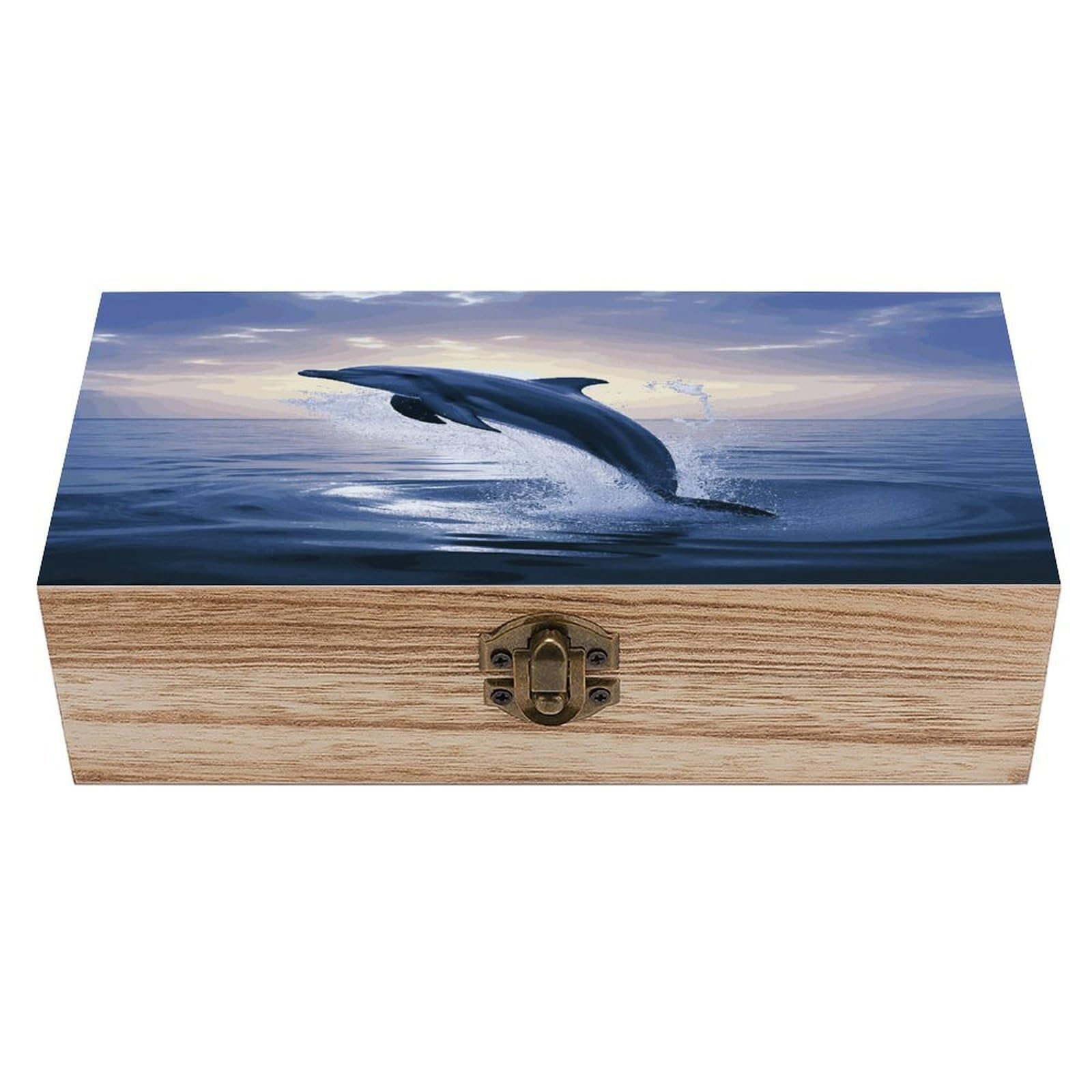 JTREHY Elegant Dolphin Wooden Keepsake Box Vintage-Style Wood Keepsake Case with Hinged Lid Solid Wood Boxes Beautifully Memory Treasure Case Vintage-Style Wooden Storage Box