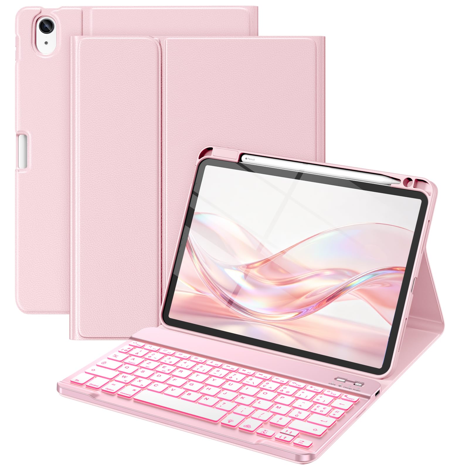 Coque Clavier pour iPad Air 11 Pouces (M4 2026/M3 2025/M2 2024), Étui Keyboard pour Air 4/5ème Génération 2020 2022 avec Rétroéclairage à 7 Couleurs et Porte-Crayon, Clavier AZERTY, Rose