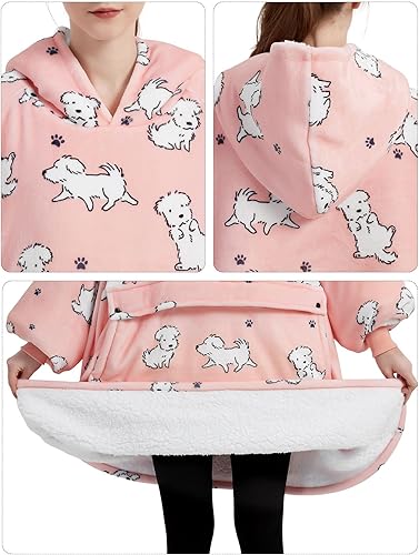 Miniatura 4 de KFUBUO Manta con Capucha Portátil para Adultos, Sherpa con Patrones de Perro, Sudadera de Gran Tamaño con Bolsillos, Manta con Capucha para Regalos