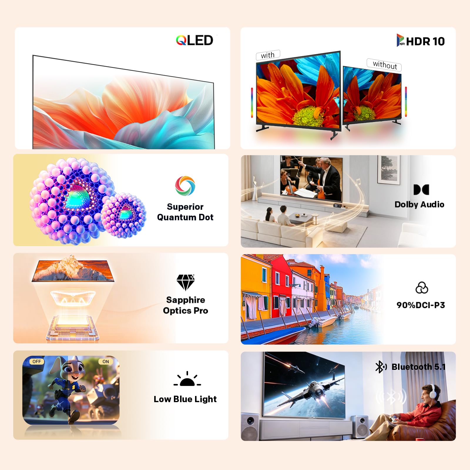 Coocaa 40 Pollici Smart TV QLED Full HD HDR 10 Dolby Audio 1.5GB RAM DVB-T/T2/C/S/S2 CI+ HEVC Main10 40CTQH38Z
