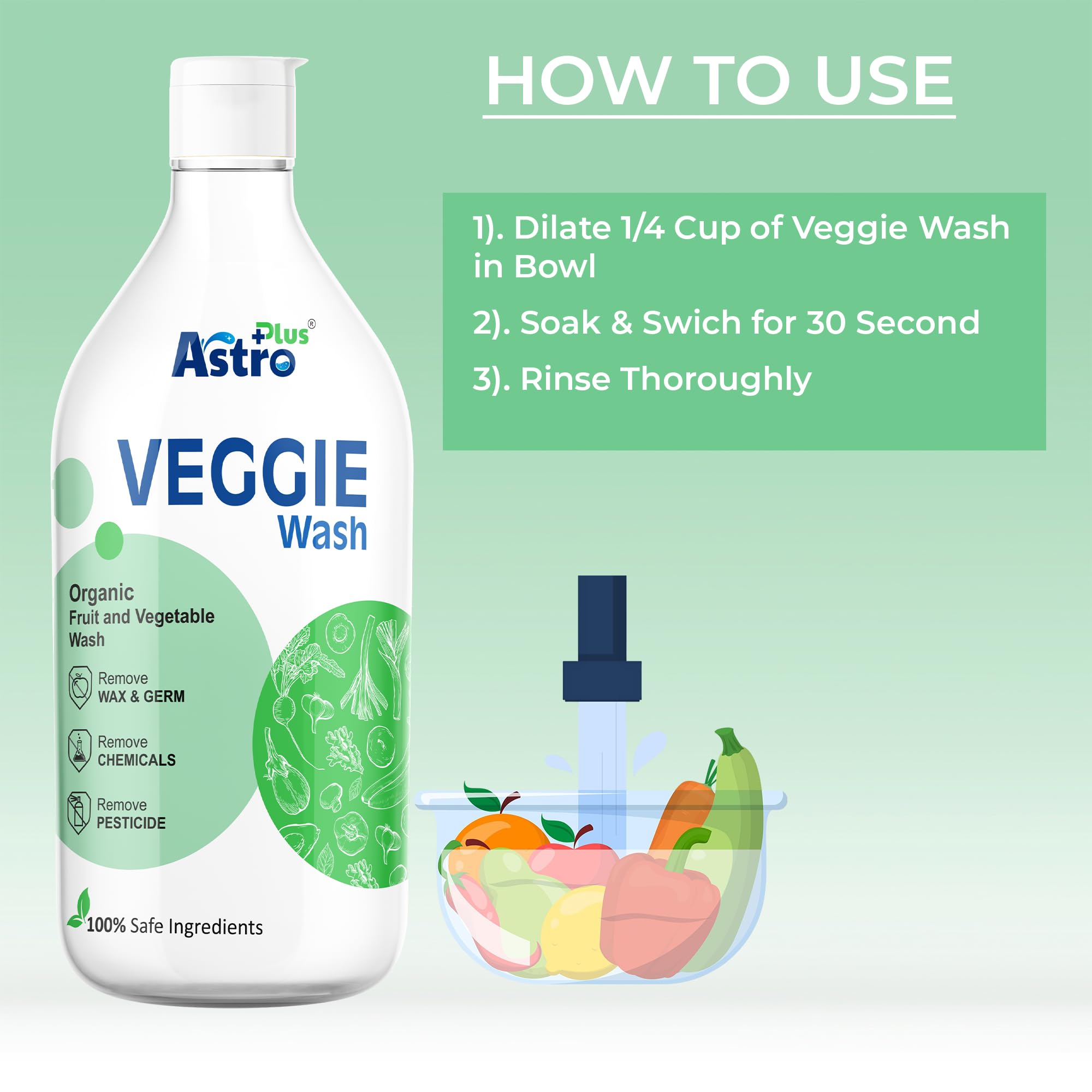Astro Plus Veggie Wash Clean Fruits & Vegetables Natural Action, Removes Pesticides Germs Safe to use on Veggies and Fruits Washing Liquid (500 ML) 2