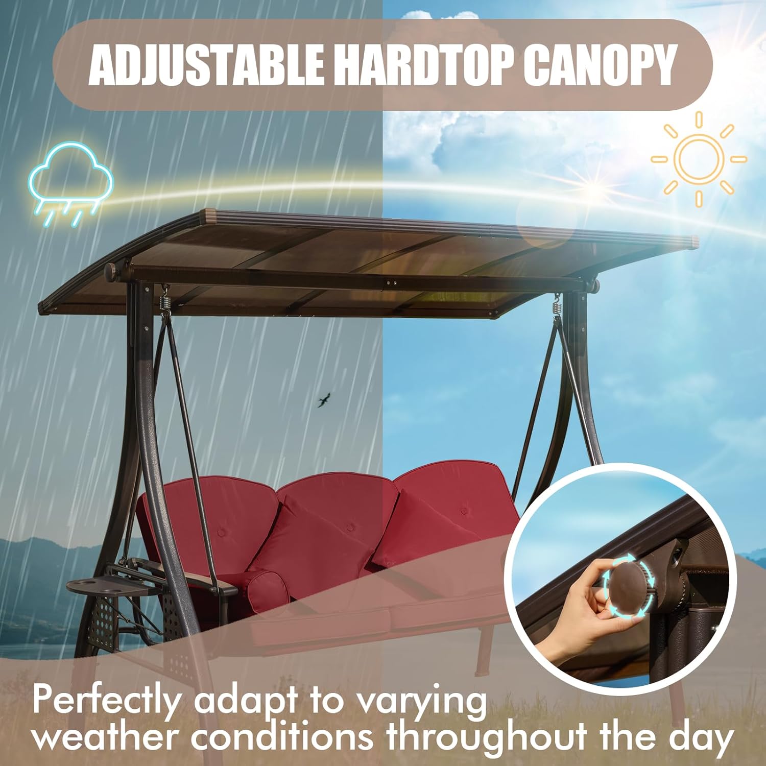 3-Seat Outdoor Patio Porch Swing with Adjustable Hardtop,3 in 1 Convertible Swing Chair for Adults,Patio Swing with Thicken Cushion,Pillows & Cup Holders for Porch,Backyard,Garden (Wine Red)