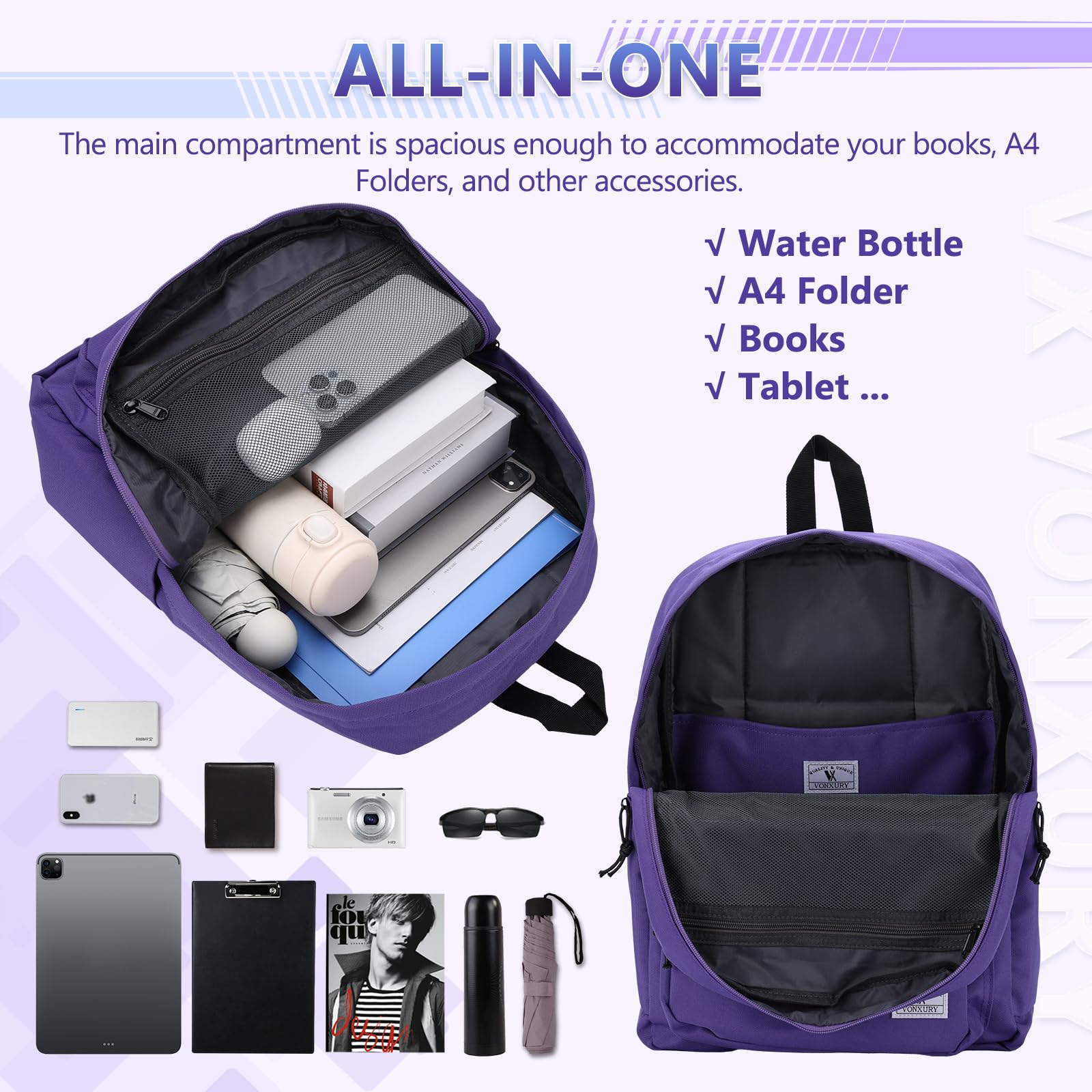 VX VONXURY Zaino per uomo e donna, zaino leggero per bambini, borsa classica per computer portatile, per università, lavoro, viaggi, escursionismo, Viola, 11.9 x 5.0 x 16.7 inches, Casual