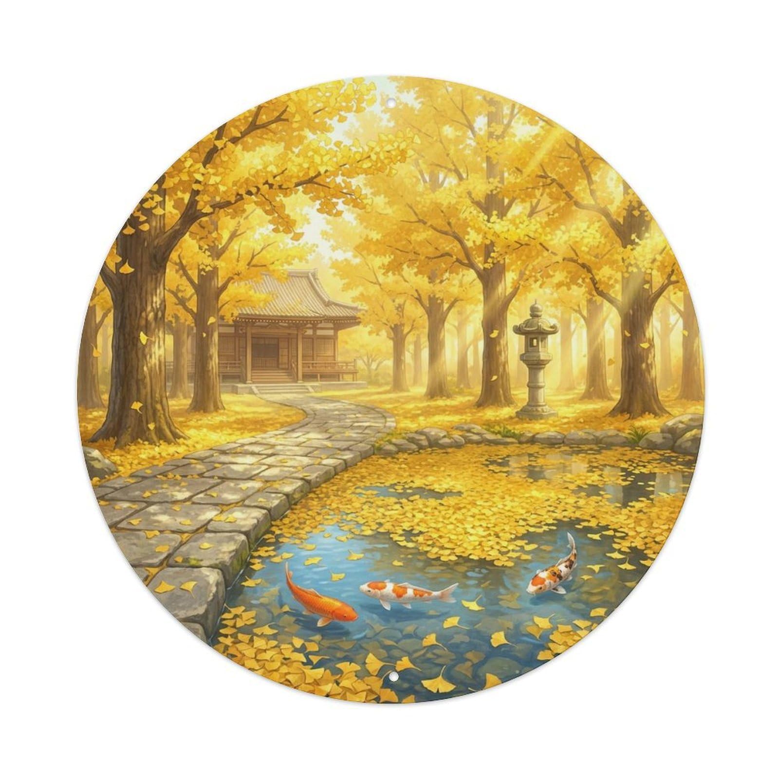 Stream Pond Koi Garden Water Vintage Landscape Ginkgo Metal Tin Sign Plaque Wall Decor for Cafe, Man Cave, Club Bar, Office, Home Garden Round Metal Poster 8x8Inch
