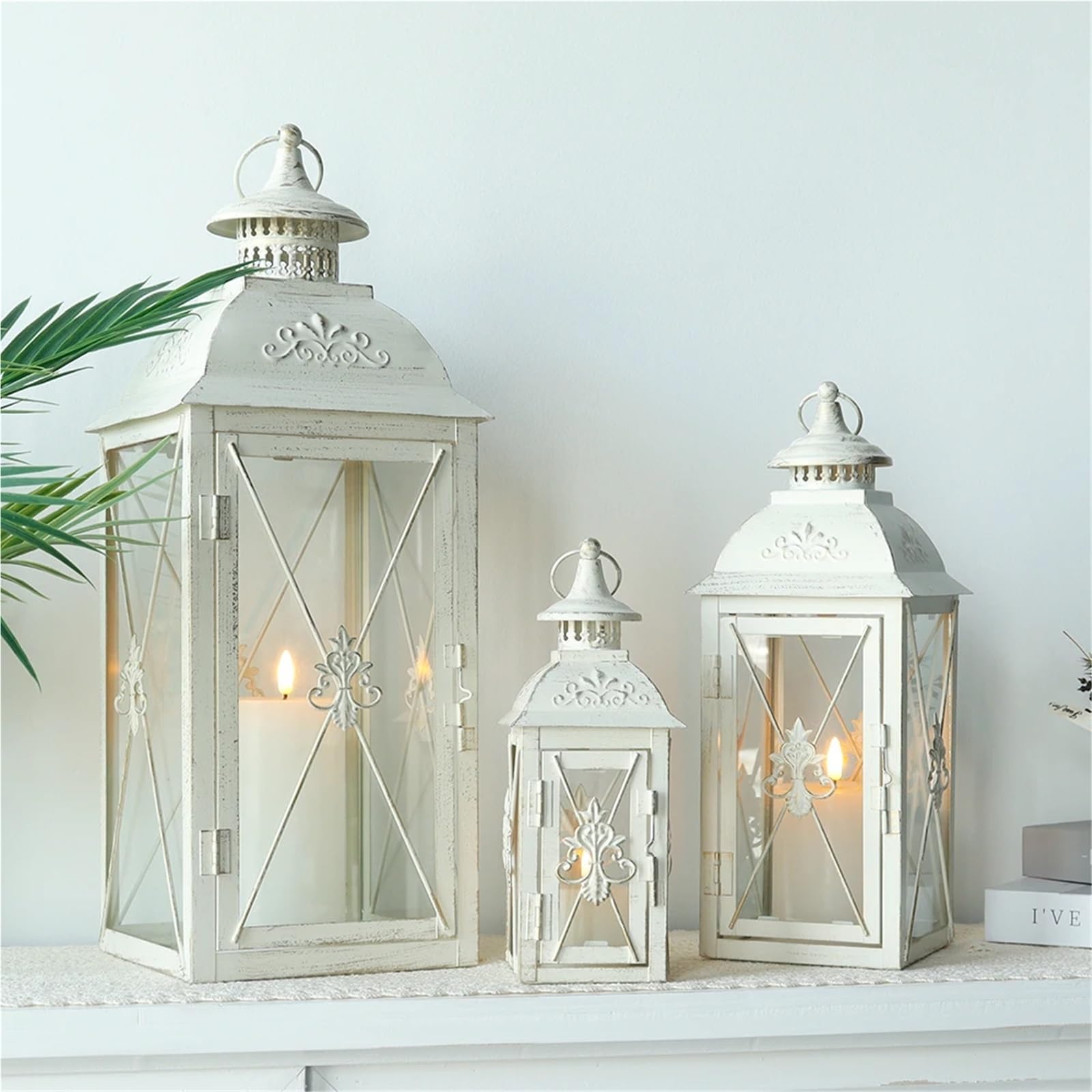 Lanterne a Candela Decorative Juego de 3 portavelas Colgantes Metal Acero Inoxidable con Paneles Vidrio Transparente for decoración del hogar, Interior y Exterior