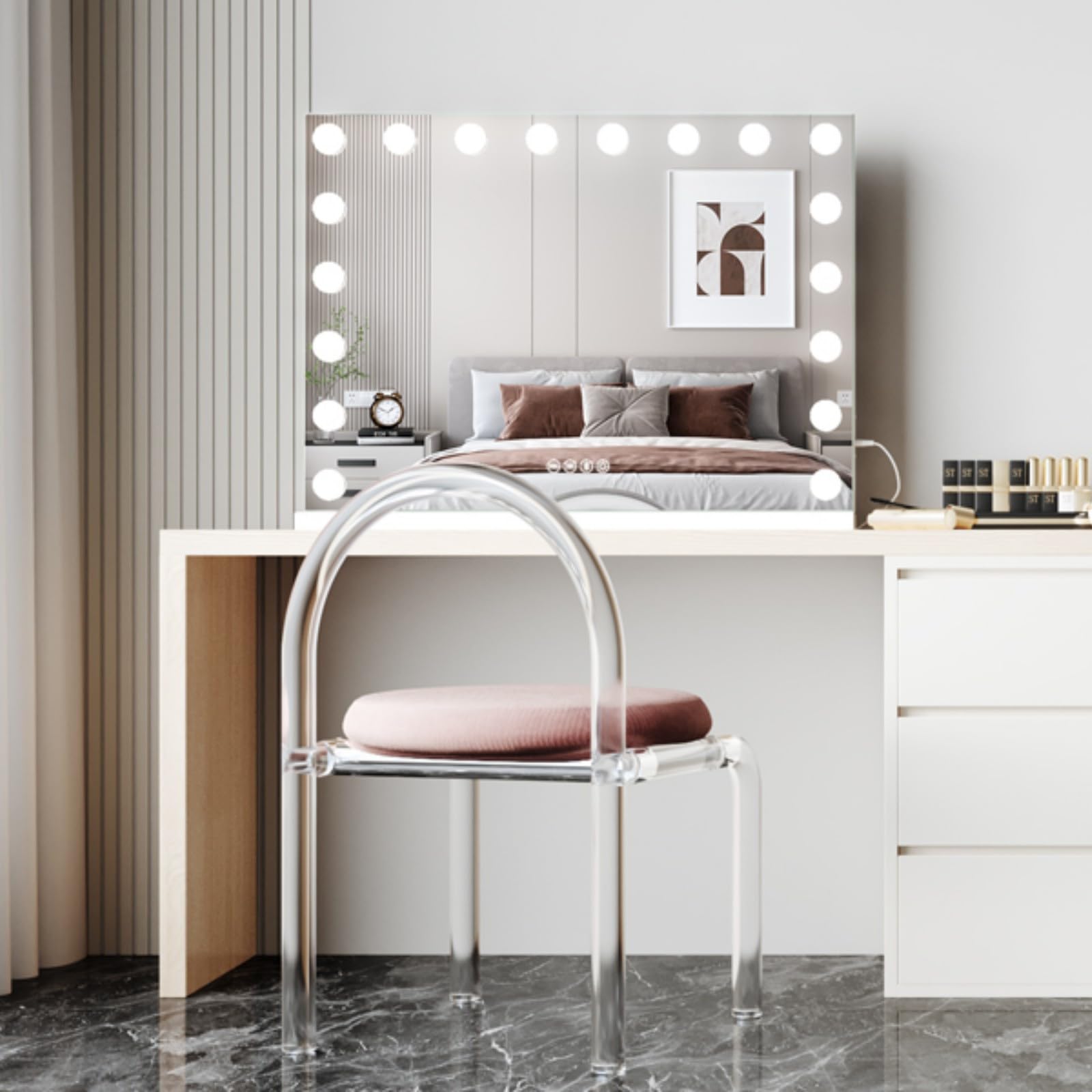 Espejo de Maquillaje con Bluetooth, 80 x 60 cm, Espejo tocador con Luces de 18 LED Hollywood, montado en la Pared o en la Mesa, 3 Colores de luz y función de Brillo Ajustable