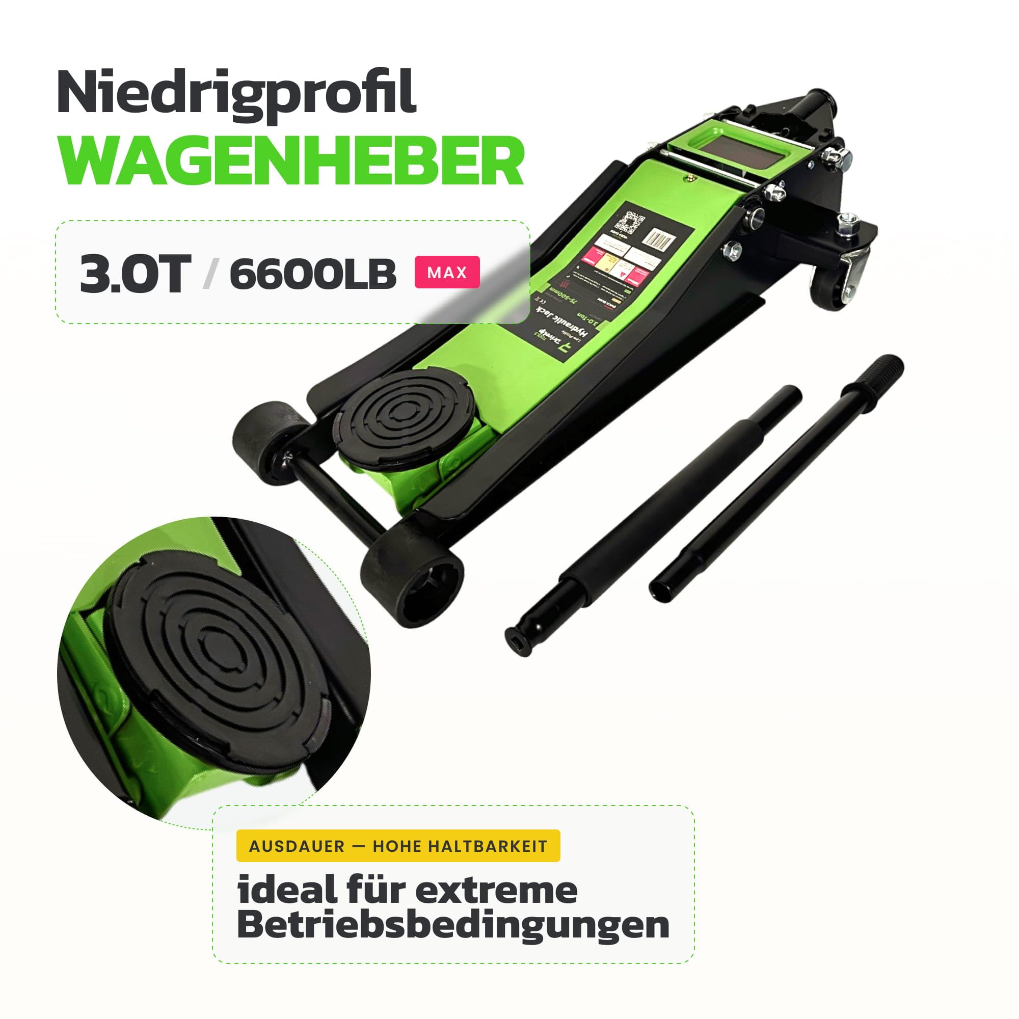 2026 Modell – HYDRAULISCHER WAGENHEBER 3T – TÜV-Zertifiziert, Flacher Wagenheber Hydraulisch mit Doppelzylinder – 75–505 mm Hubhöhe – Extra Stabiler Rangierwagenheber 3 Tonnen für PKW & SUV
