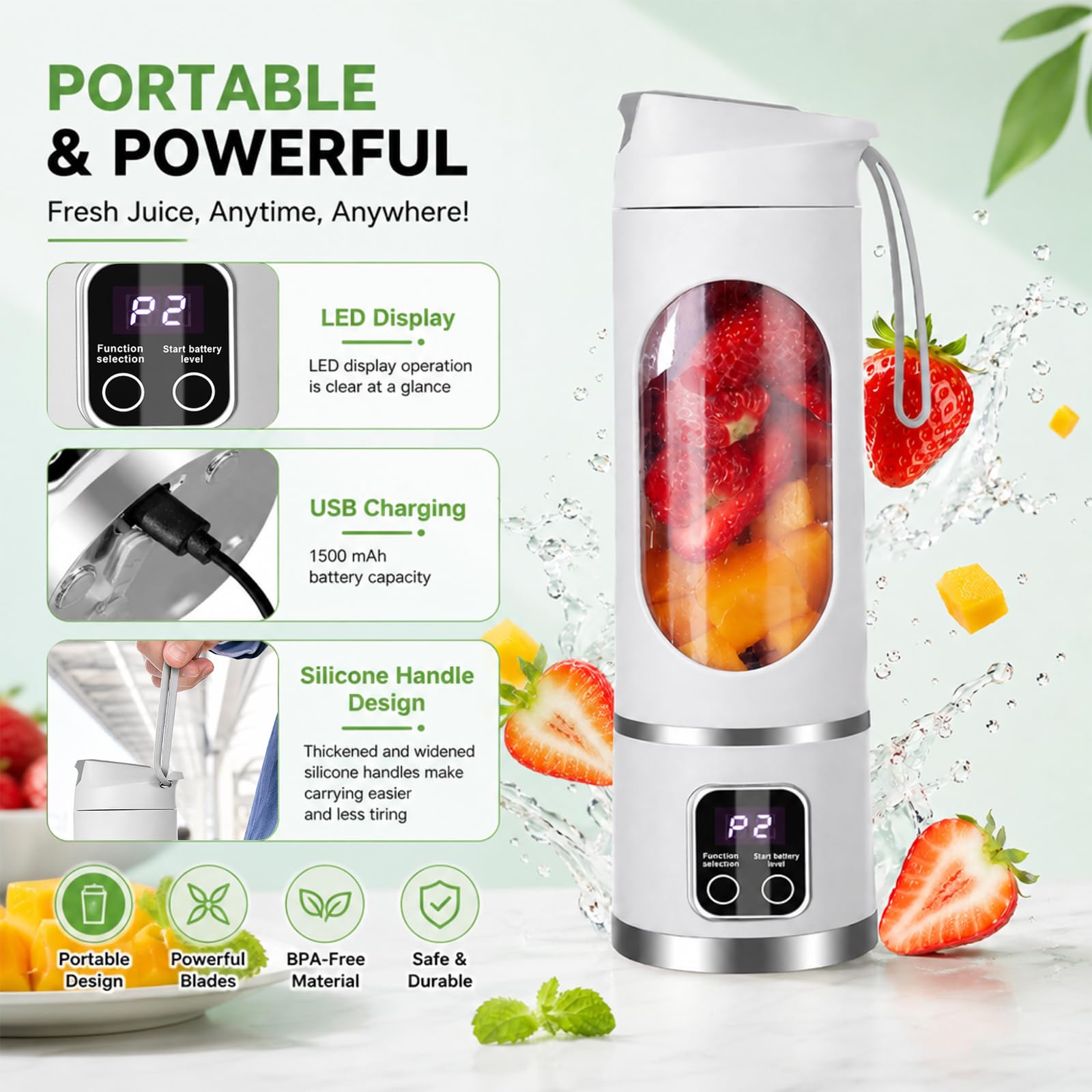 Tragbarer Mixer Smoothie Maker To Go, 500ml Portable Blender mit LED Display und 12 Klingen, USB 1500mAh Elektrisch Mixer, BPA-frei, für Sport, Reisen, Büro, Outdoor (Weiß)