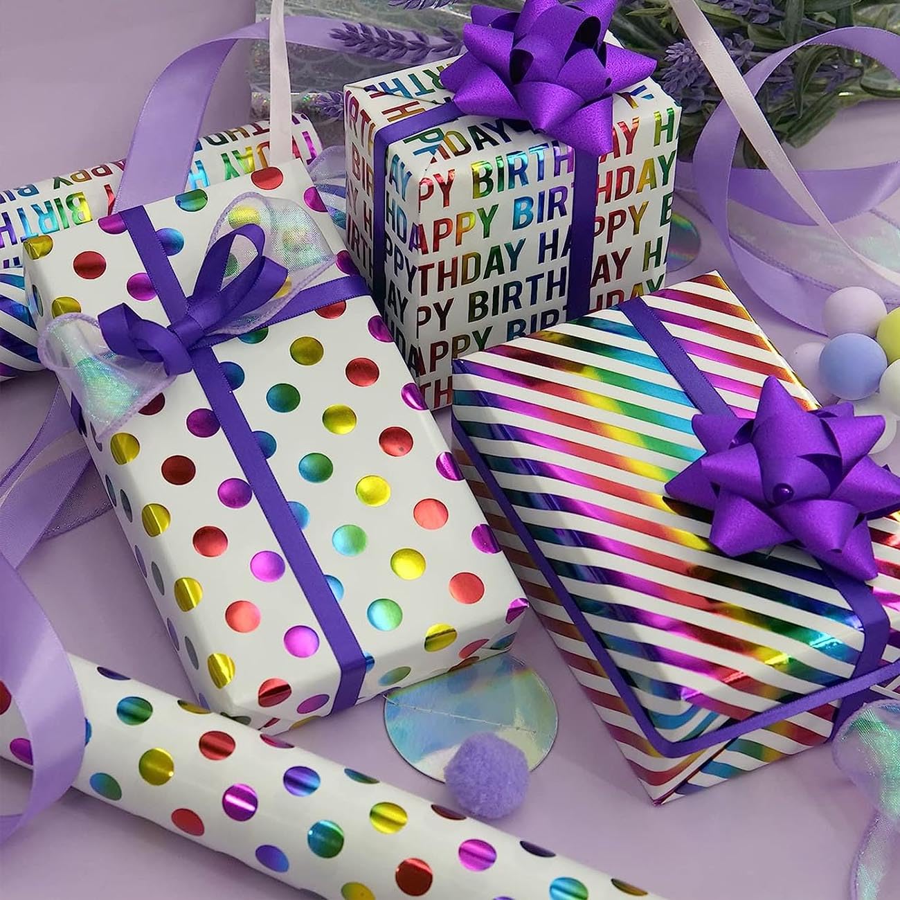 Rainbow Wrapping Paper Roll, Colorful Gift Wrap, Birthday Present, Children Teenagers And Adults, Pride Paper Wrap, Rainbow Themed Party