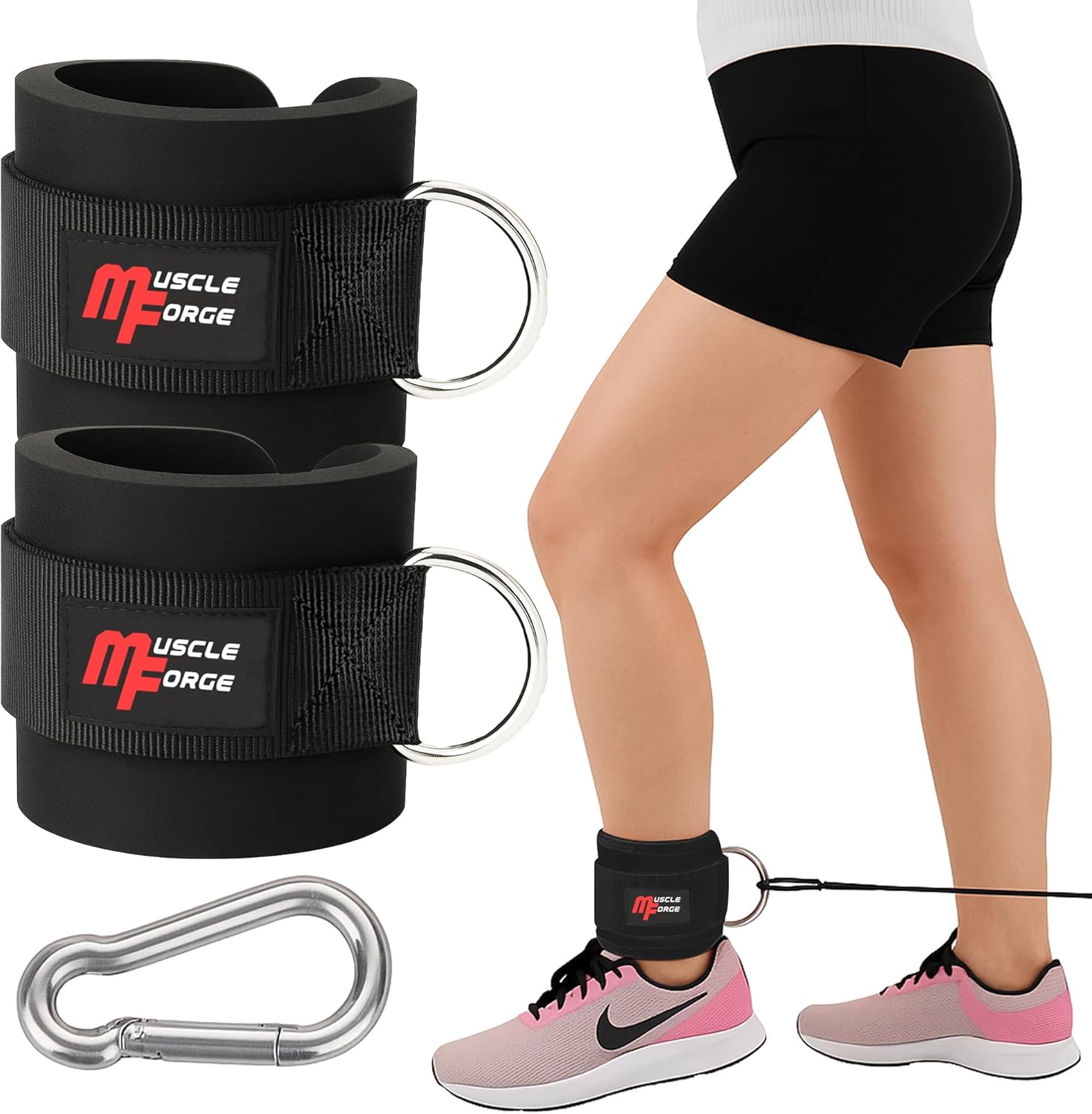 MuscleForge Ankle Straps for Cable Machines for Women & Men + Carabiner – Cable Kickback Ankle Strap for Glute Workout – Cable Machine Gym Attachment with D-Ring Neoprene Adjustable (Black)