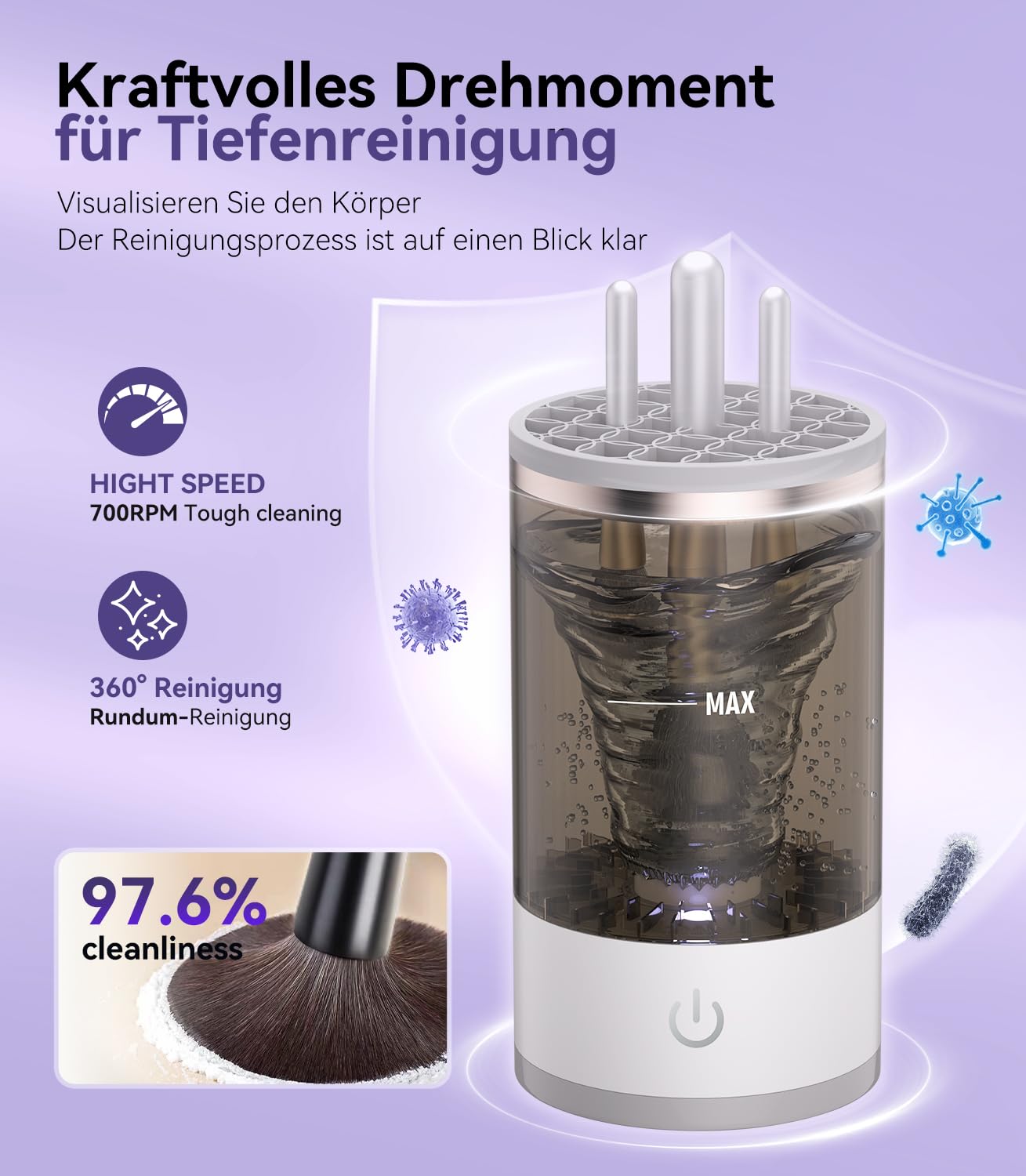 Pinselreiniger Make Up Elektrisch【Stärkste Reinigungsleistung - Medizinische UV-Lampe+7000RPM】Makeup Brush Cleaner【Perfektes Design - Kompatibel mit Allen Bürsten】Exklusiv Make-Up-Fans Grau