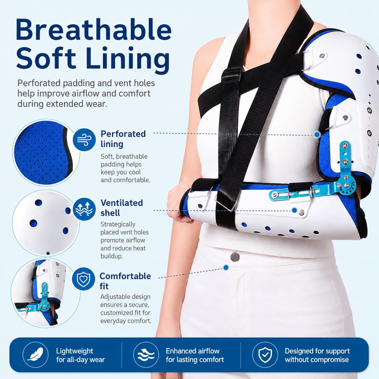 Codo Articulado ROM Ajustable Inmovilizador de Brazo Postoperatorio con Soporte de Hombro para Fracturas Cirugía Túnel Cubital Lesiones de Ligamentos y Tendones(Bien)