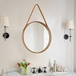 Round Hanging Mirror, 18-Inch Farmhouse Mirror with Leather Lanyard for Bathroom, Bedroom, Living Room, Entryway Home Decor. (Natural, S-30cm)