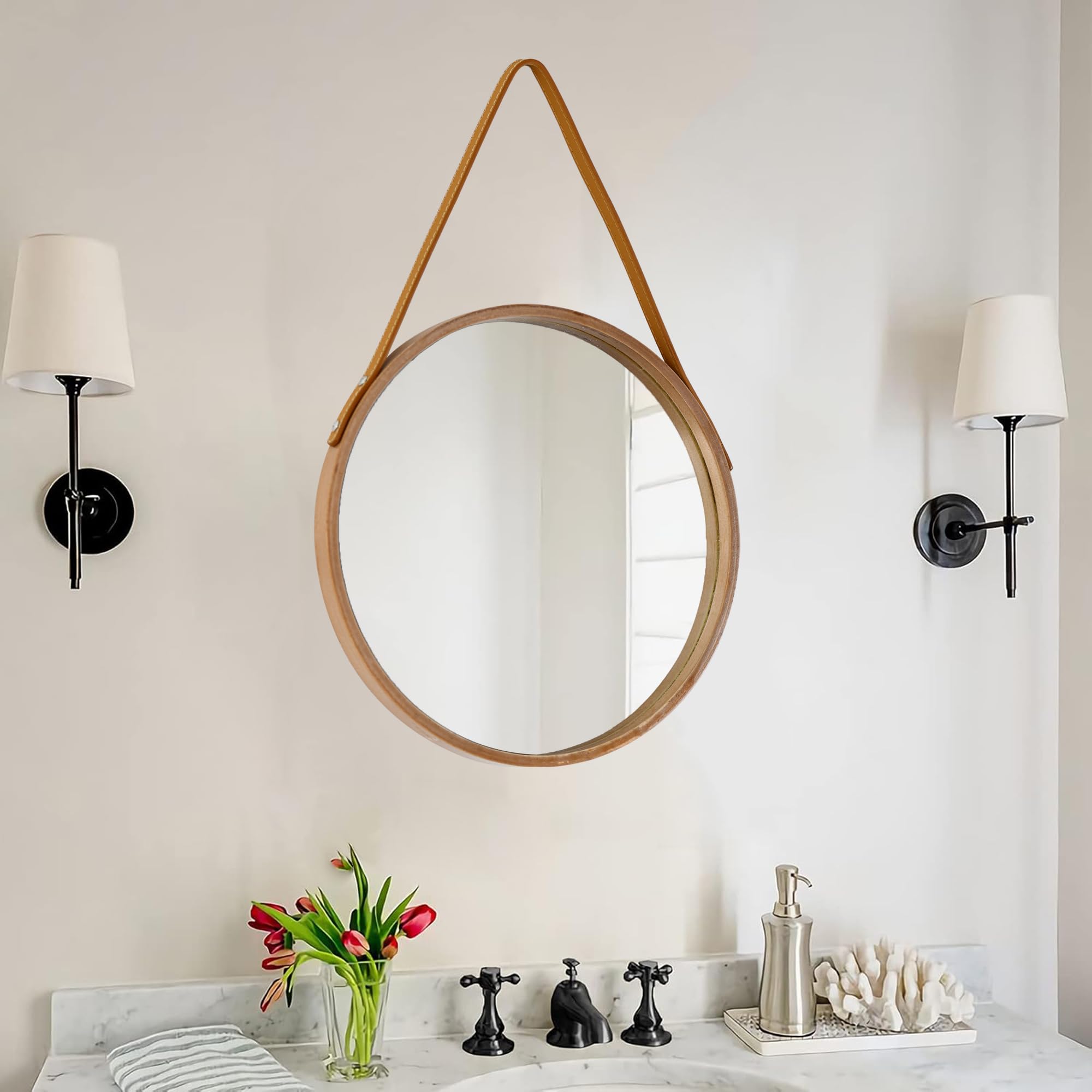 Espejo redondo para colgar, espejo de granja de 18 pulgadas con cordón de cuero para baño, dormitorio, sala de estar, decoración del hogar (natural, S-30 cm)