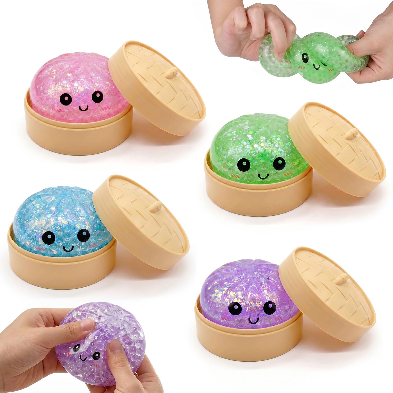 testlili Dumpling Squishy, Glitter Steamed Bun Stress Ball, Soft Squeeze Fidget Toy for Stress and Anxiety Relief, Cute Squishy Toy 1Pcs Random color