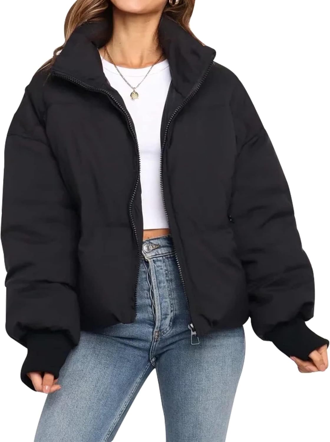 Lianlive Womens Cropped Puffer Jacket Winter Oversized Black Short Quilted Padded Jackets Puffy Outerwear Coat